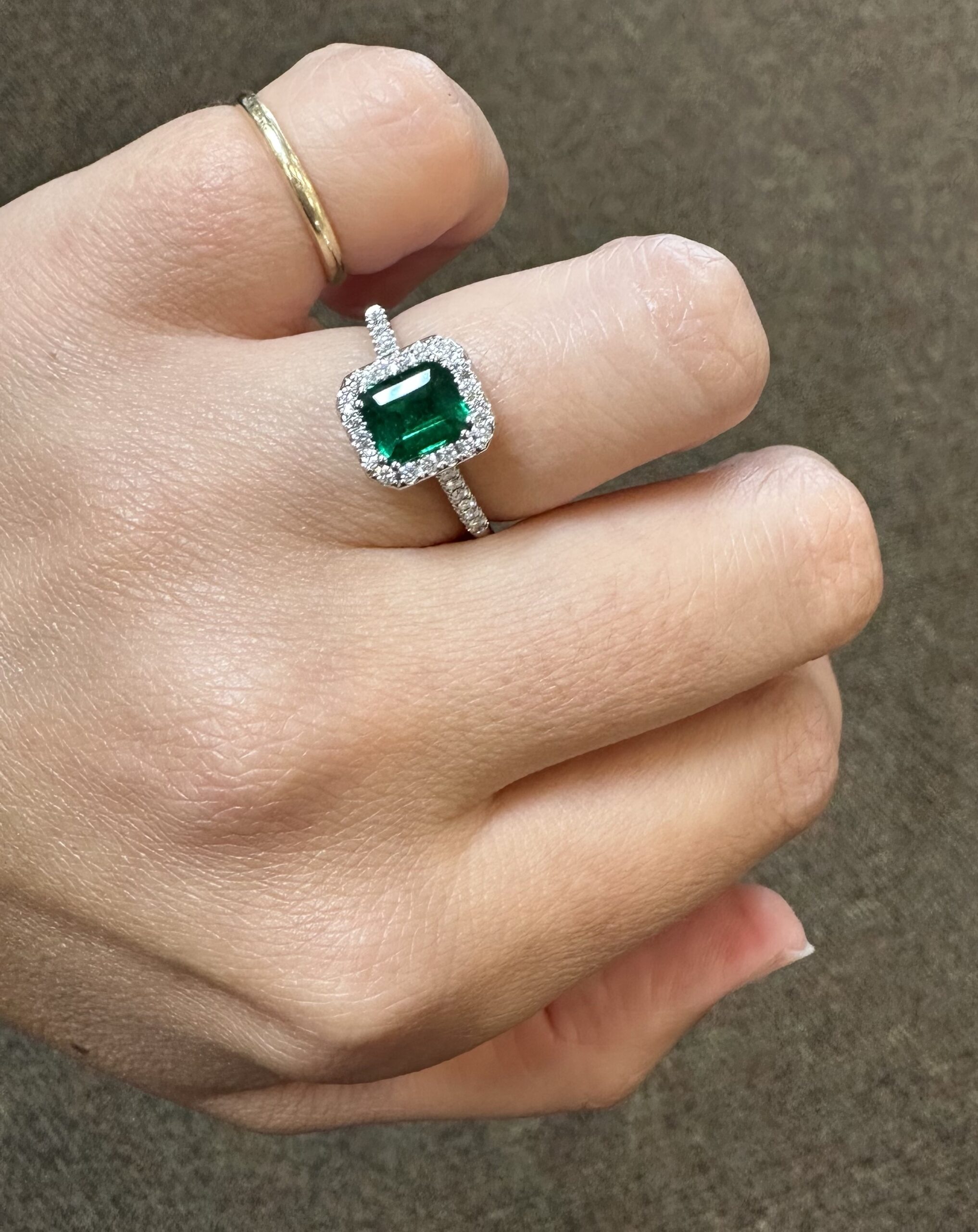 Platinum Genuine .91 Carat Emerald Cut Emerald & .23 Cttw Diamond Halo Ring - Image 29