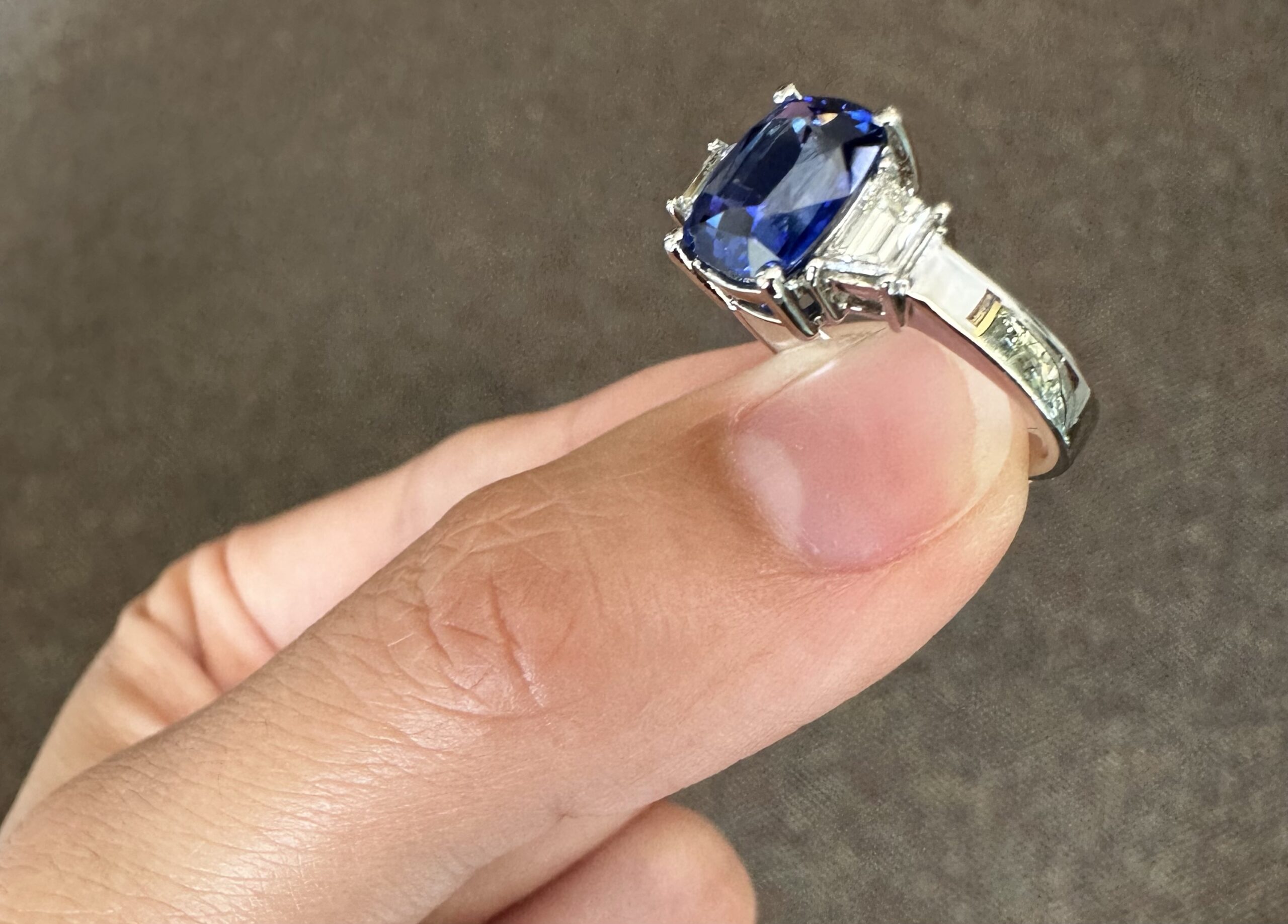 Platinum Genuine 2.35 Carat Ceylon Sapphire & .46 Cttw Trapezoid Diamond Ring - Image 15