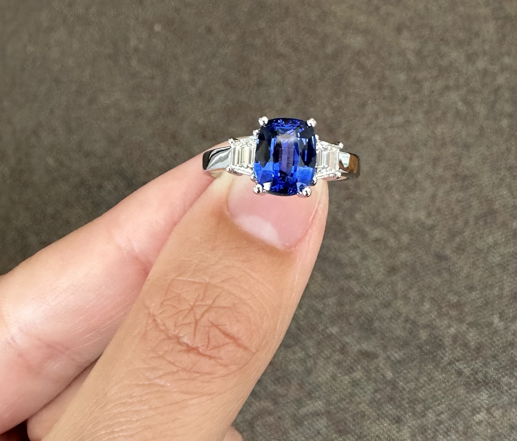 Platinum Genuine 2.35 Carat Ceylon Sapphire & .46 Cttw Trapezoid Diamond Ring - Image 7