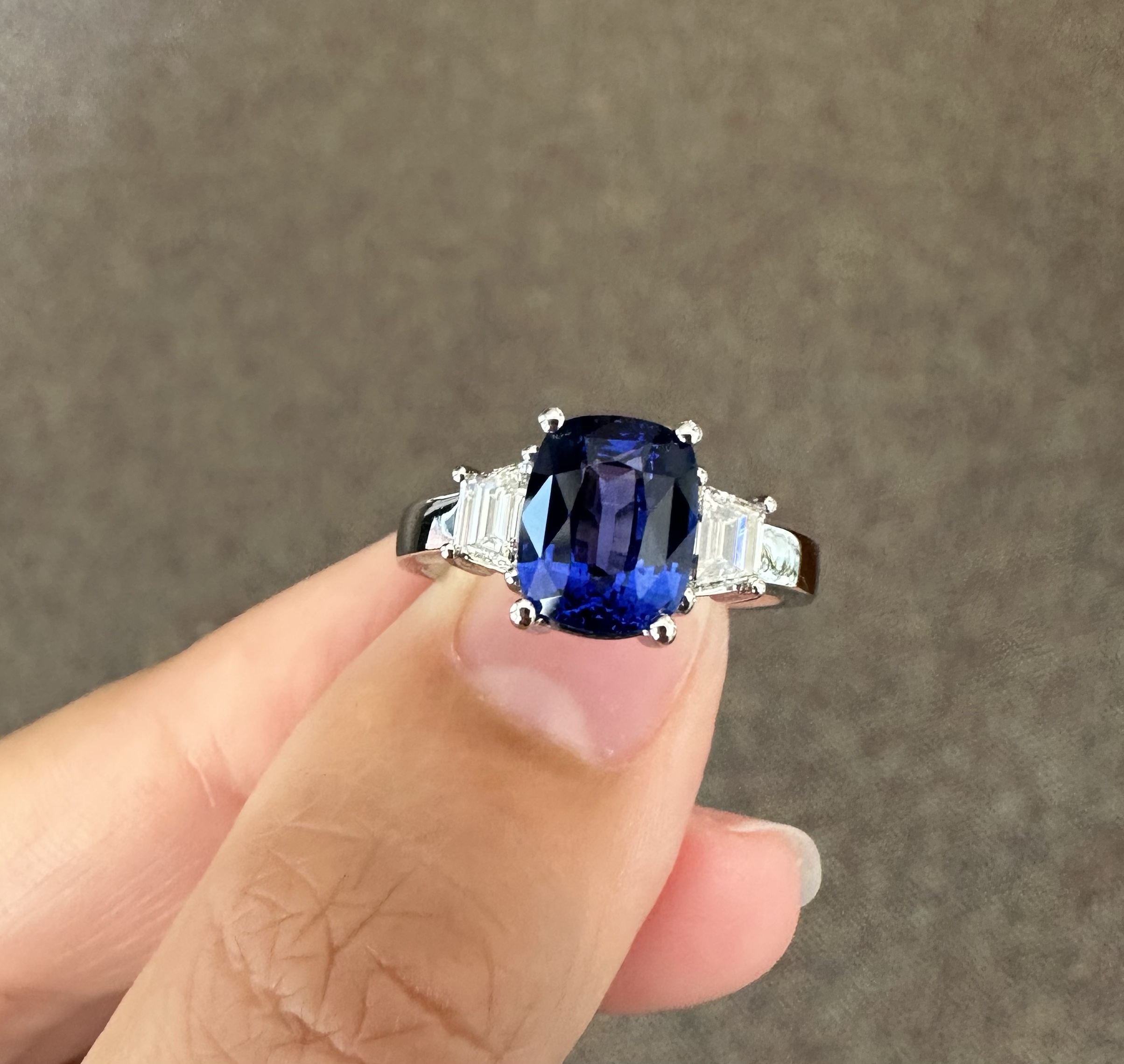 Platinum Genuine 2.35 Carat Ceylon Sapphire & .46 Cttw Trapezoid Diamond Ring - Image 6