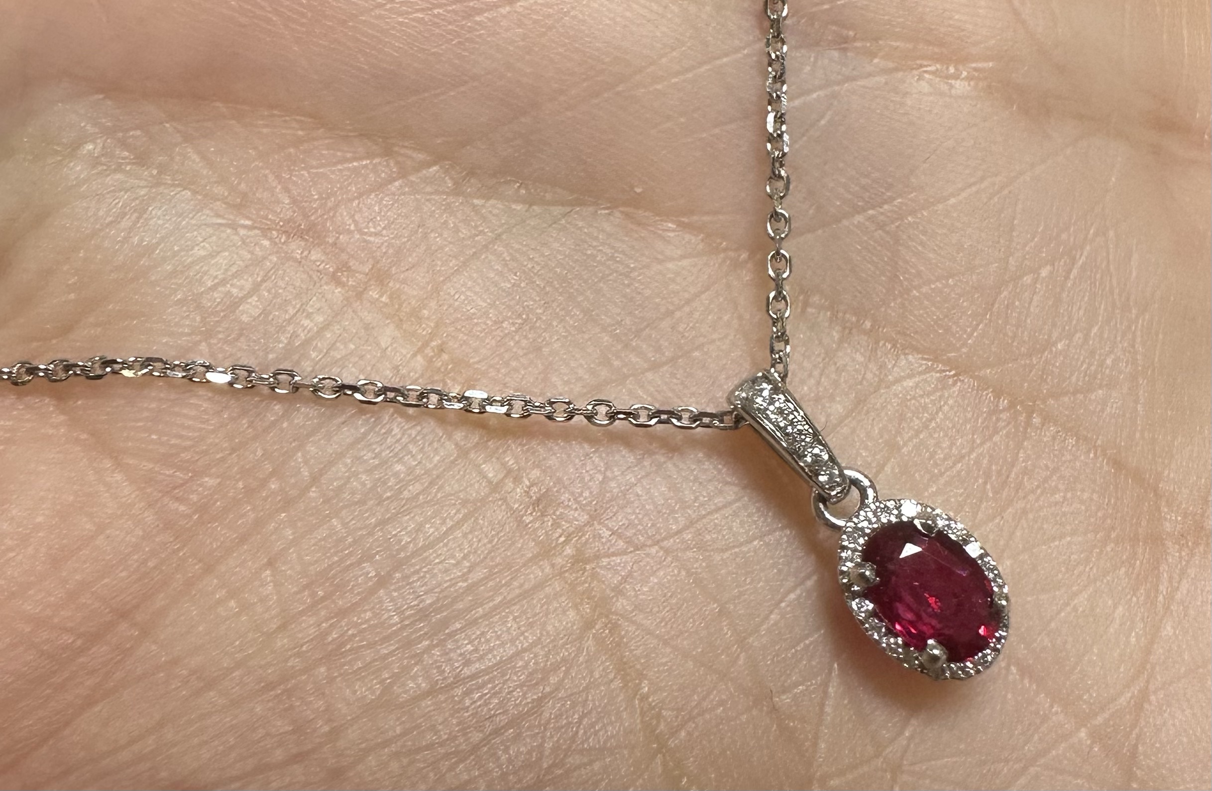 14k White Gold Genuine .49 Cttw Ruby & Diamond Halo Pendant