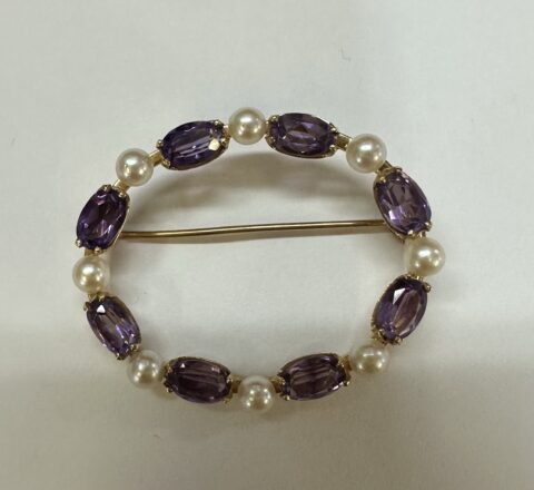 Vintage 14k Yellow Gold Pearl & Genuine Amethyst Brooch