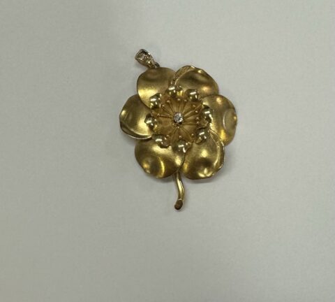 Vintage 14k Yellow Gold Flower Pendant With Genuine .07 Carat Old Mine Cut Diamond