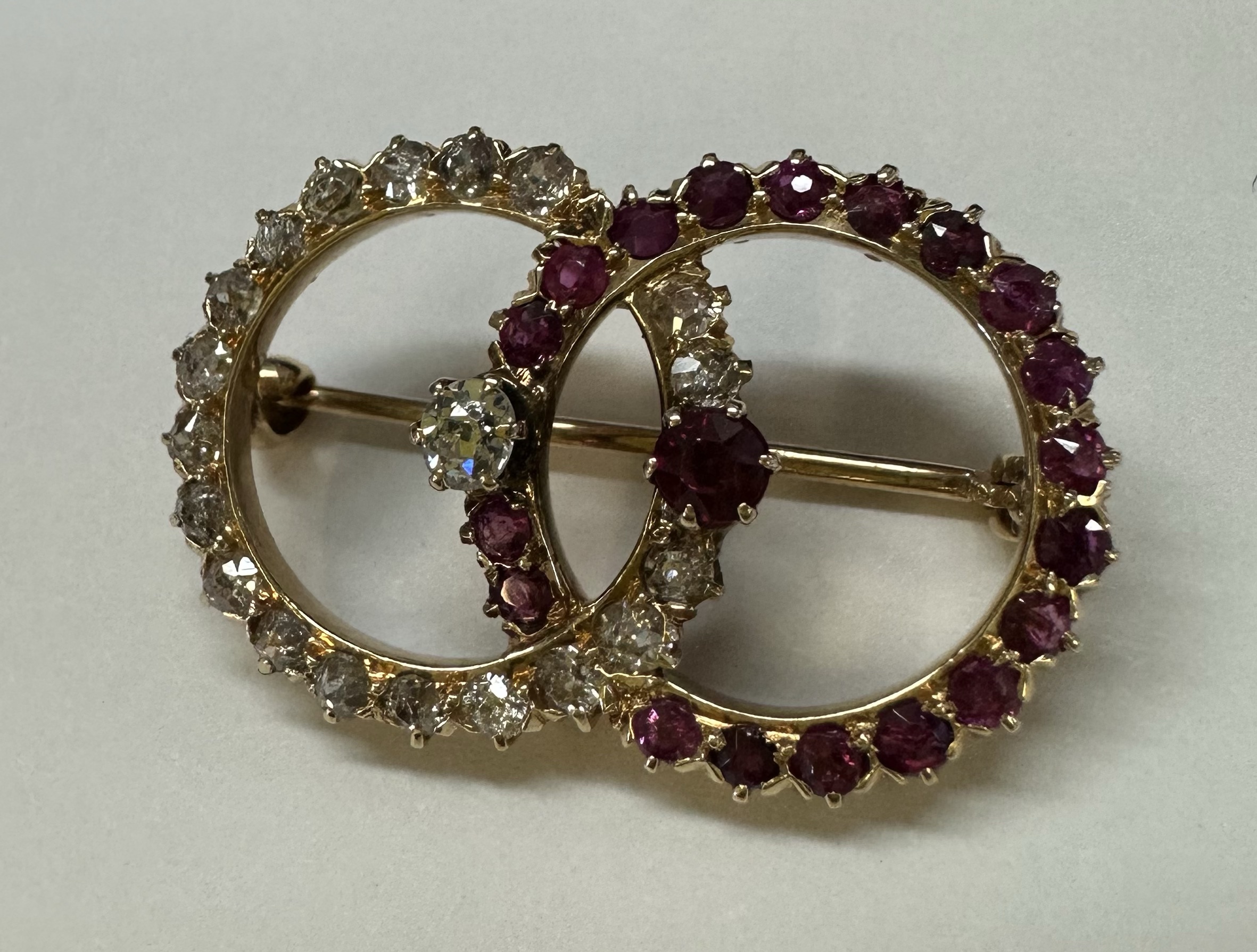 Antique Old Mine Cut Diamond & Ruby Open Double Circle Brooch - Image 21