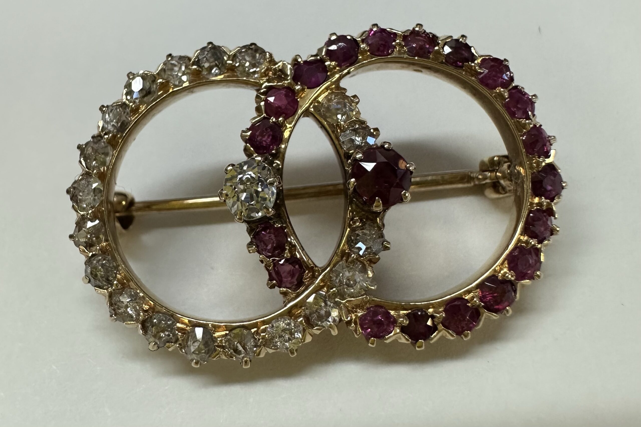 Antique Old Mine Cut Diamond & Ruby Open Double Circle Brooch - Image 24