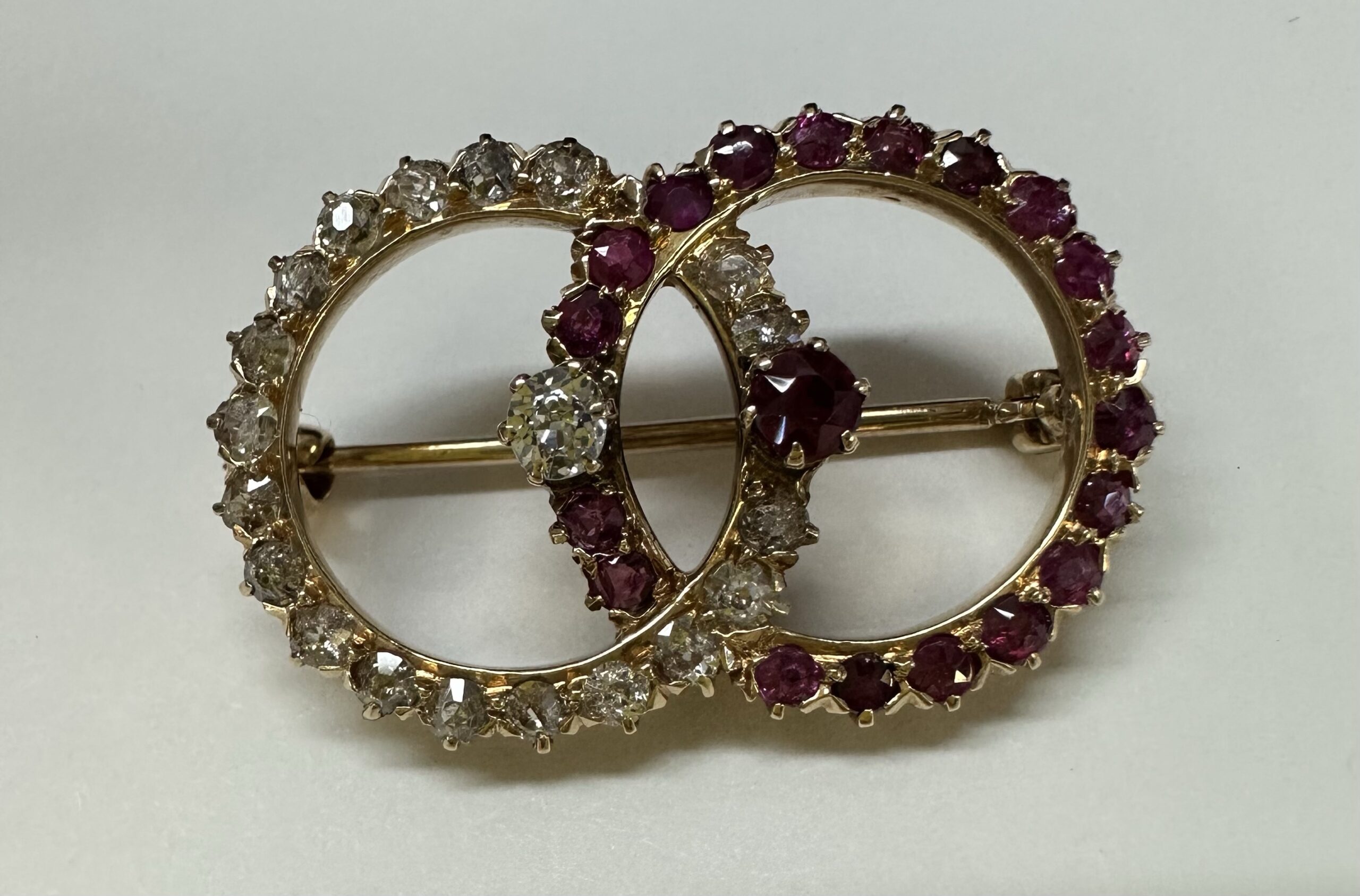 Antique Old Mine Cut Diamond & Ruby Open Double Circle Brooch - Image 27