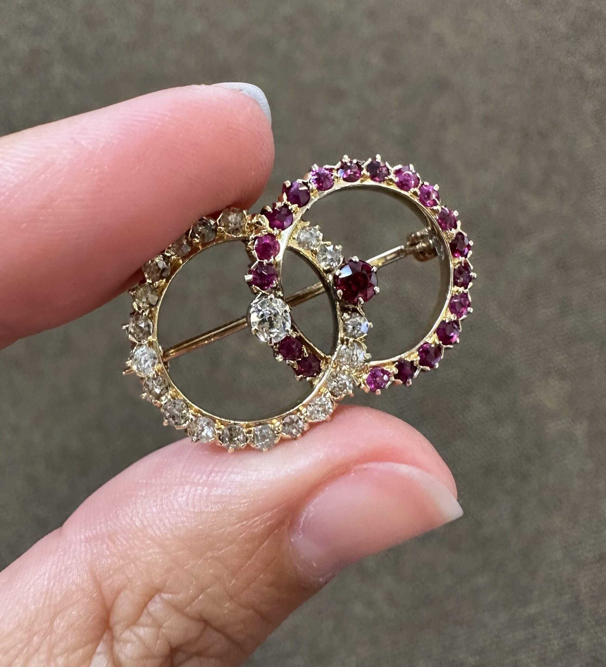 Antique Old Mine Cut Diamond & Ruby Open Double Circle Brooch - Image 17
