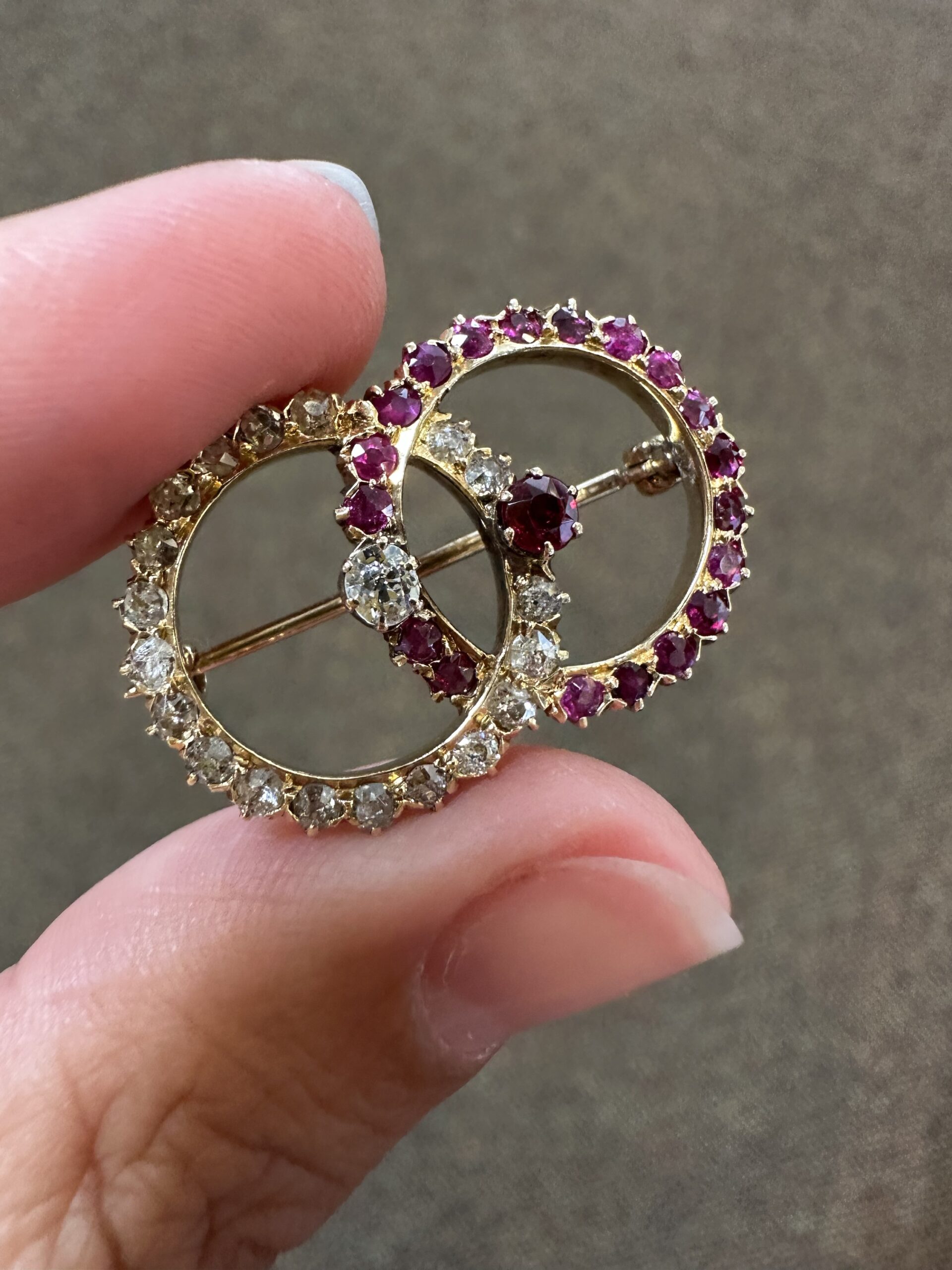 Antique Old Mine Cut Diamond & Ruby Open Double Circle Brooch - Image 16