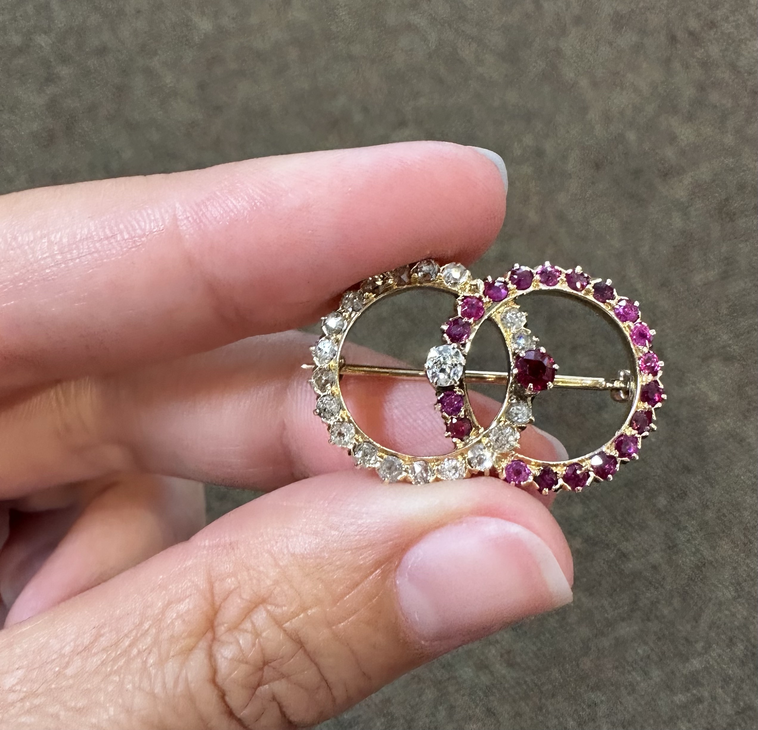 Antique Old Mine Cut Diamond & Ruby Open Double Circle Brooch - Image 14