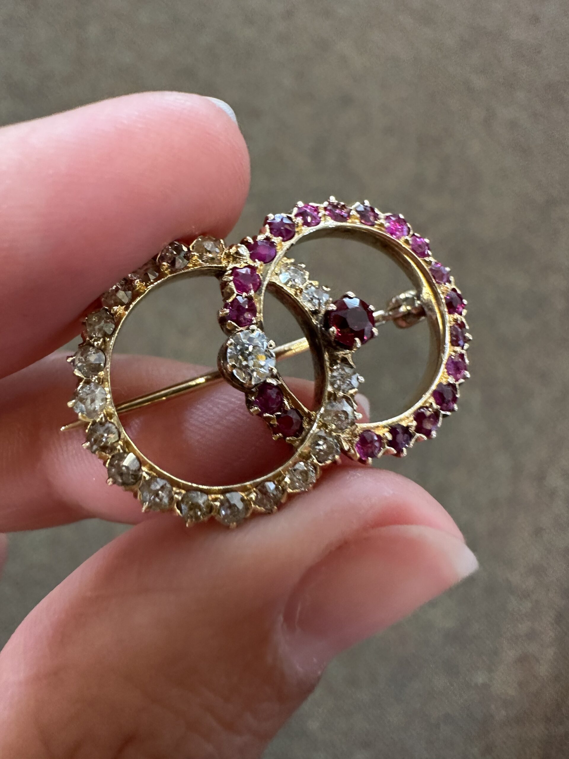 Antique Old Mine Cut Diamond & Ruby Open Double Circle Brooch - Image 13