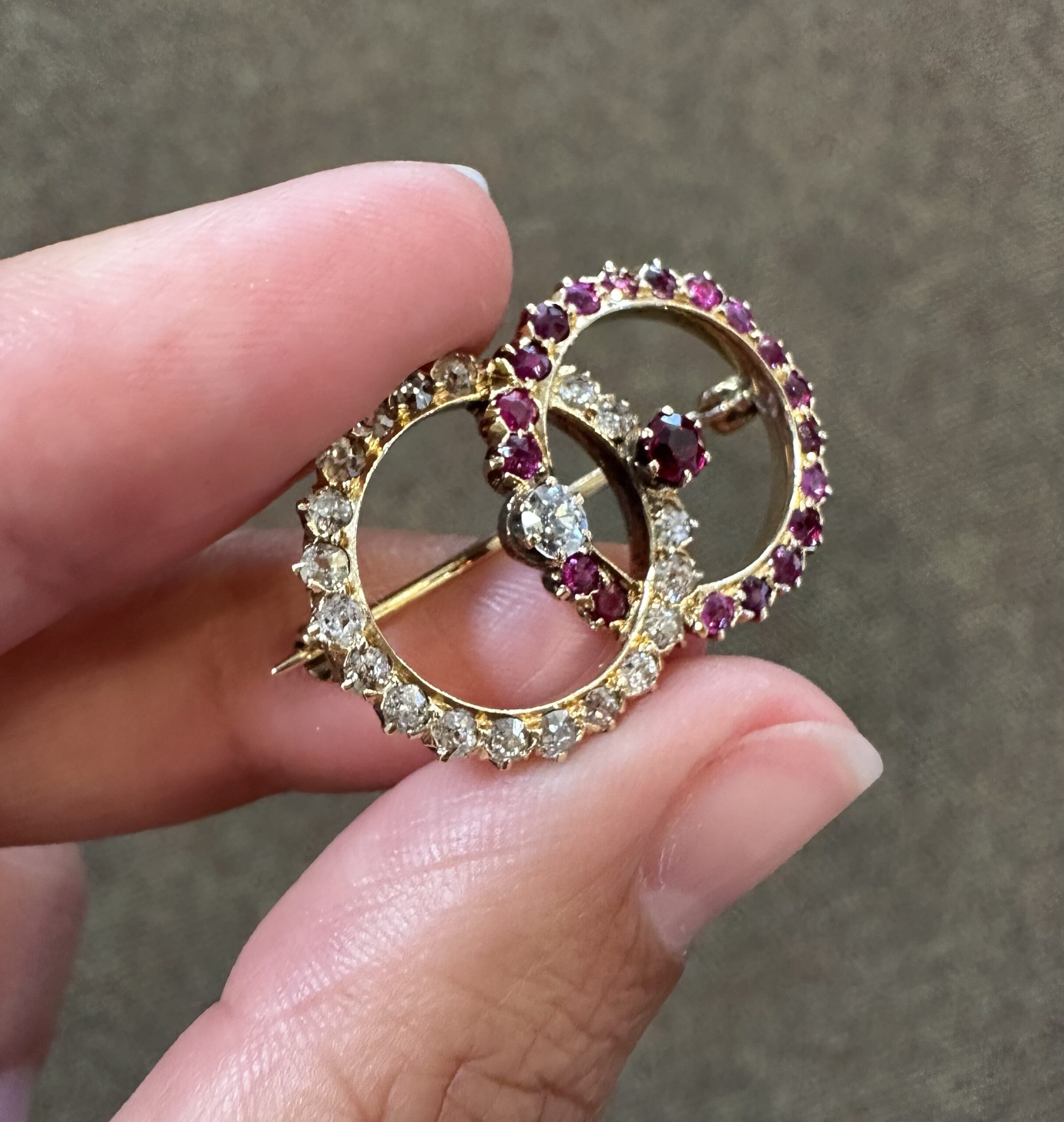 Antique Old Mine Cut Diamond & Ruby Open Double Circle Brooch - Image 12