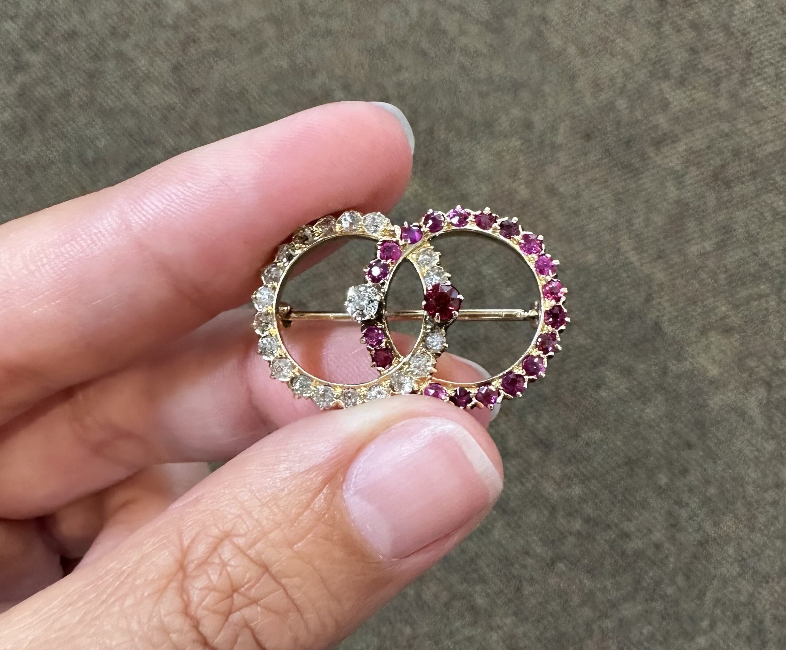 Antique Old Mine Cut Diamond & Ruby Open Double Circle Brooch - Image 9
