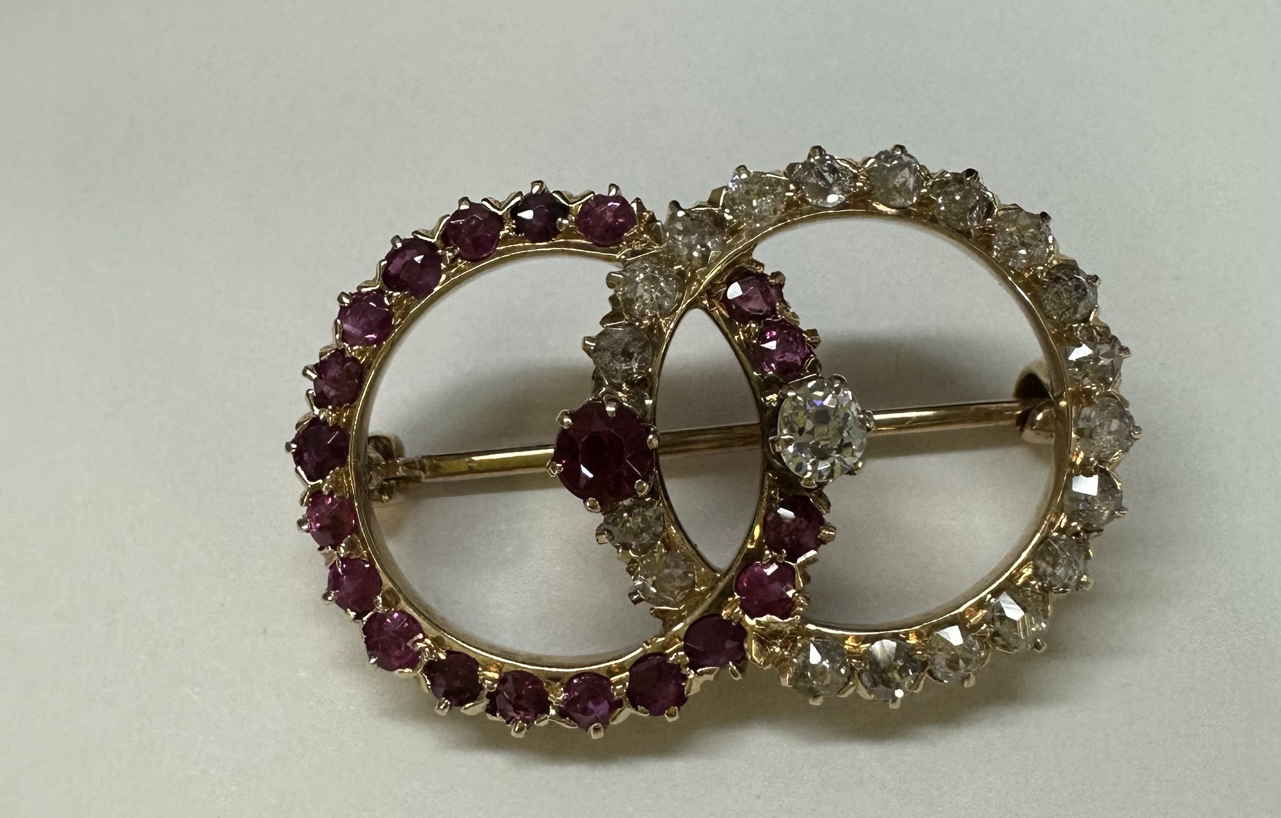 Antique Old Mine Cut Diamond & Ruby Open Double Circle Brooch - Image 8