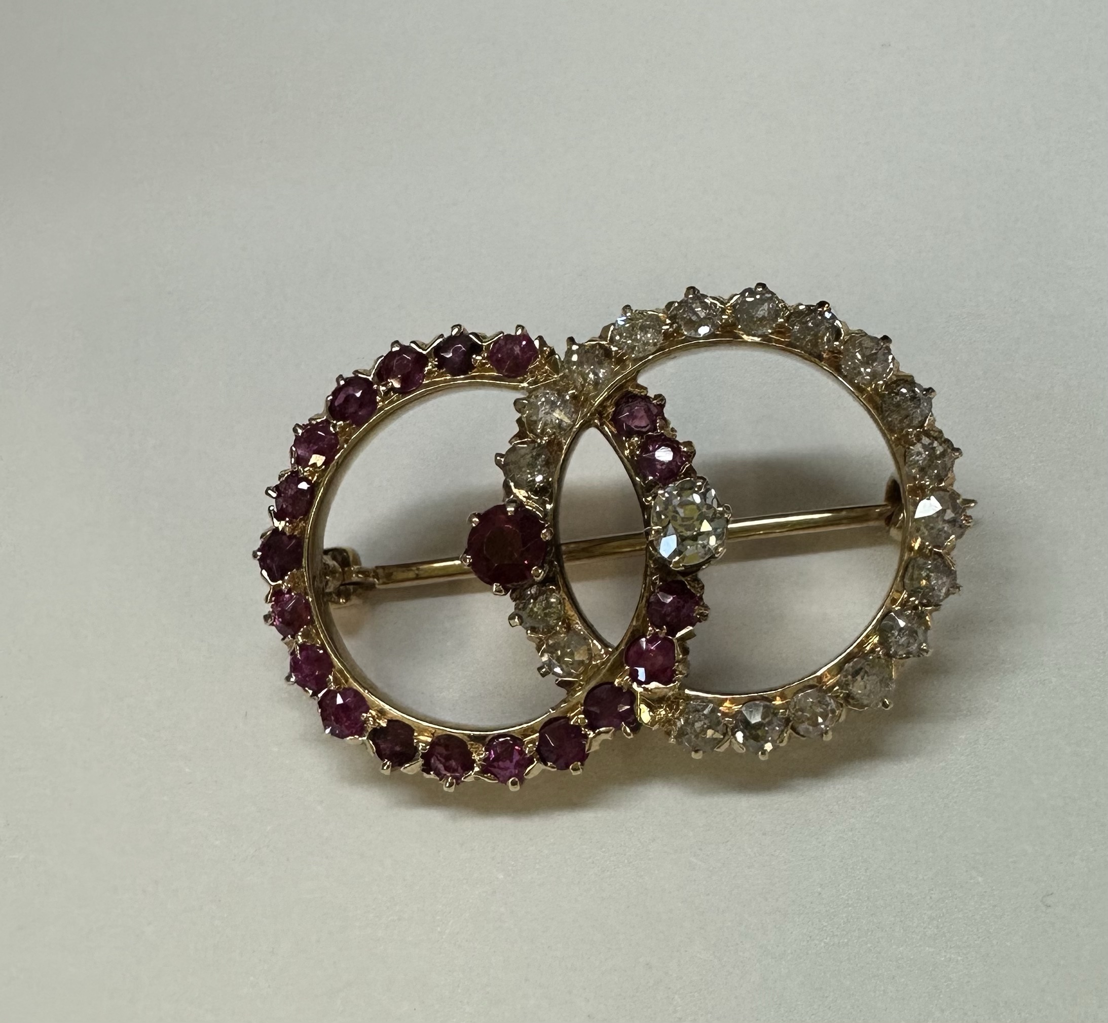Antique Old Mine Cut Diamond & Ruby Open Double Circle Brooch - Image 7