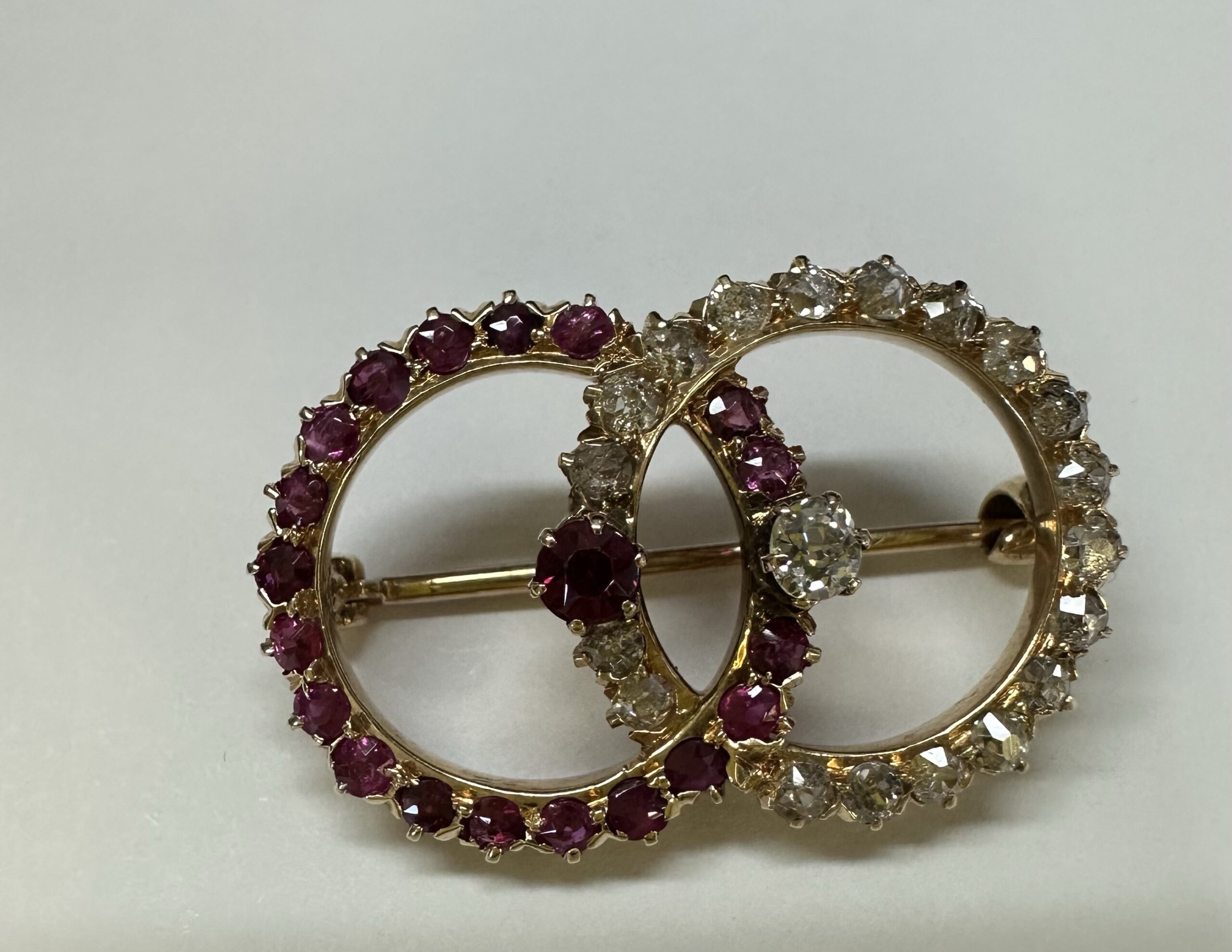 Antique Old Mine Cut Diamond & Ruby Open Double Circle Brooch - Image 5