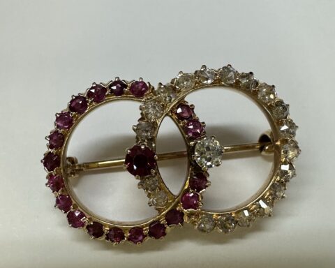 Antique Old Mine Cut Diamond & Ruby Open Double Circle Brooch