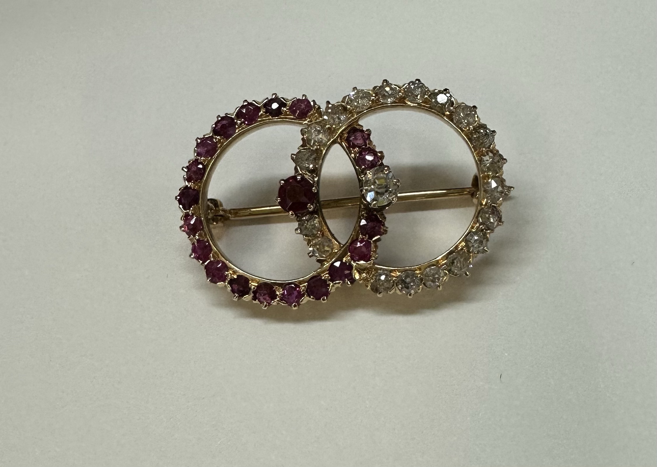 Antique Old Mine Cut Diamond & Ruby Open Double Circle Brooch - Image 2