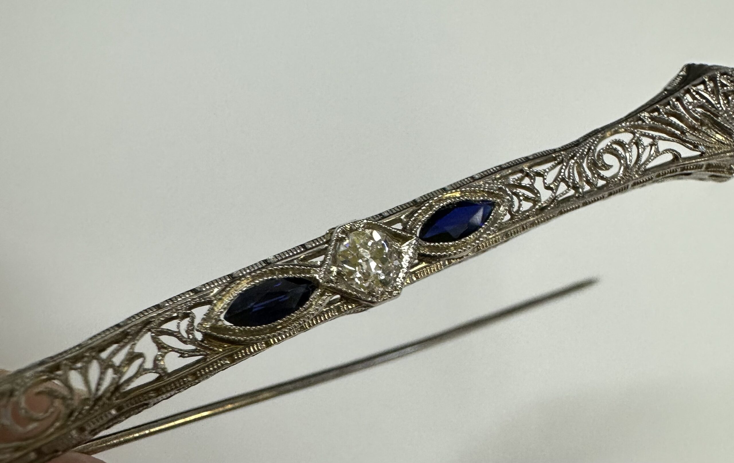 Antique 14k White Gold Filigree Bar Pin With Genuine Diamond & Sapphires - Image 5