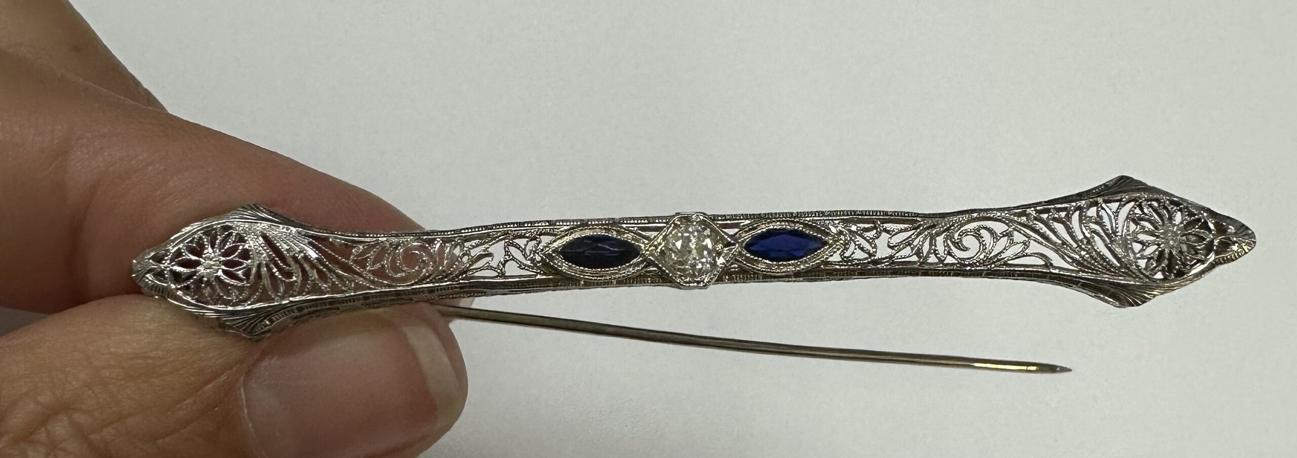 Antique 14k White Gold Filigree Bar Pin With Genuine Diamond & Sapphires - Image 8