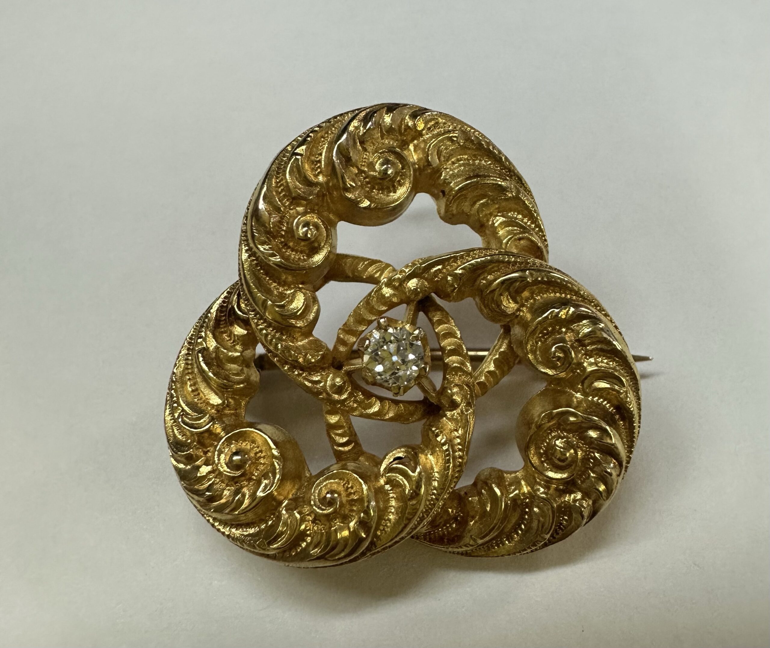 Antique 18k Yellow Gold Etruscan Motif Brooch With Diamond Accent - Image 10