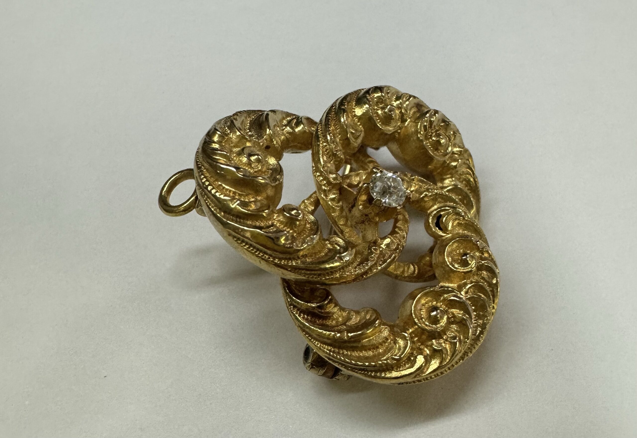 Antique 18k Yellow Gold Etruscan Motif Brooch With Diamond Accent - Image 13