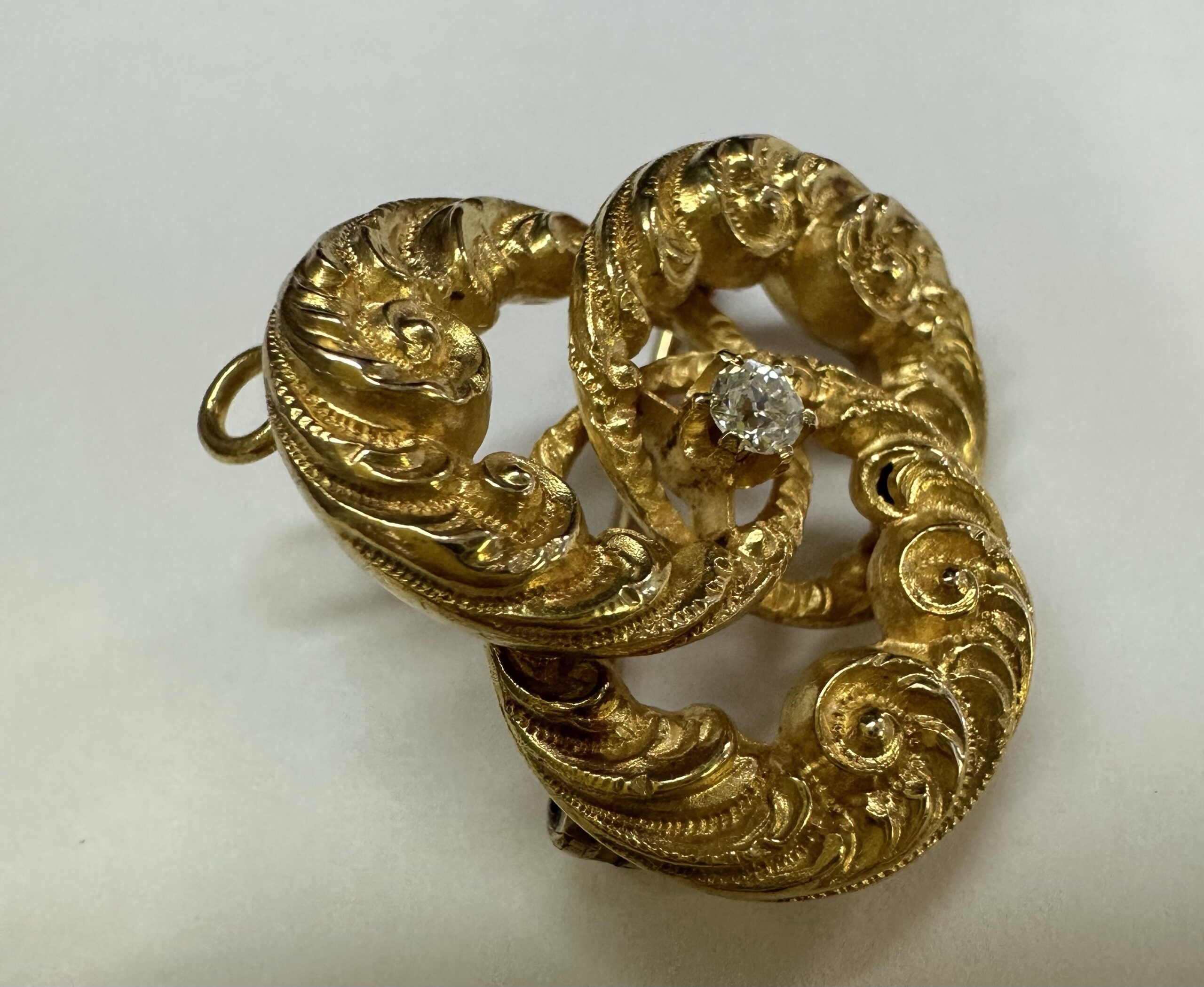 Antique 18k Yellow Gold Etruscan Motif Brooch With Diamond Accent - Image 14