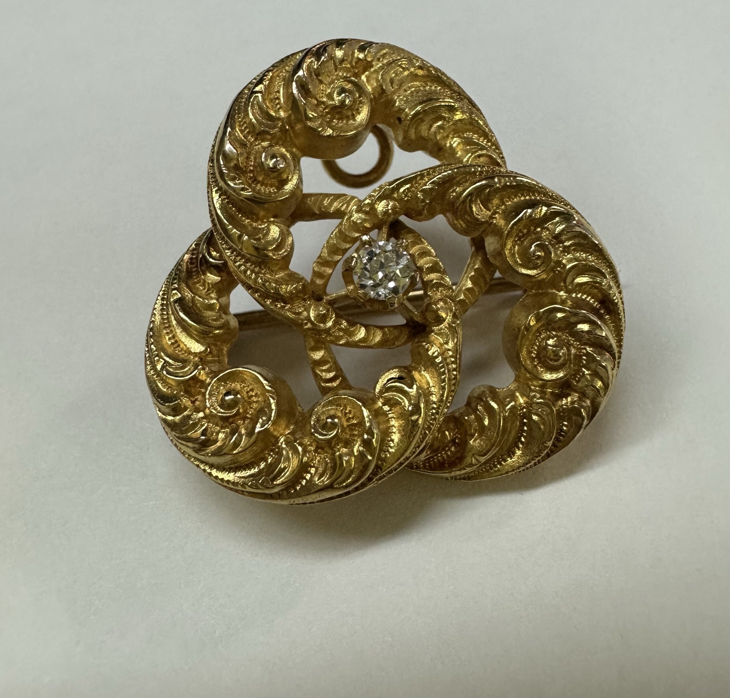 Antique 18k Yellow Gold Etruscan Motif Brooch With Diamond Accent
