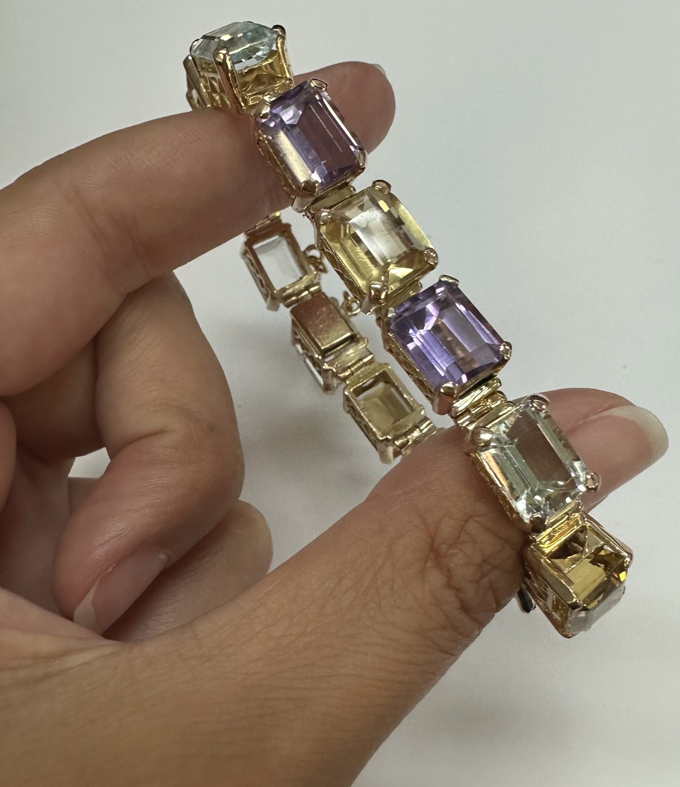 Vintage One-Of-A-Kind 18k Yellow Gold Filigree Block Style Genuine Aquamarine, Citrine, & Amethyst Bracelet - Image 40
