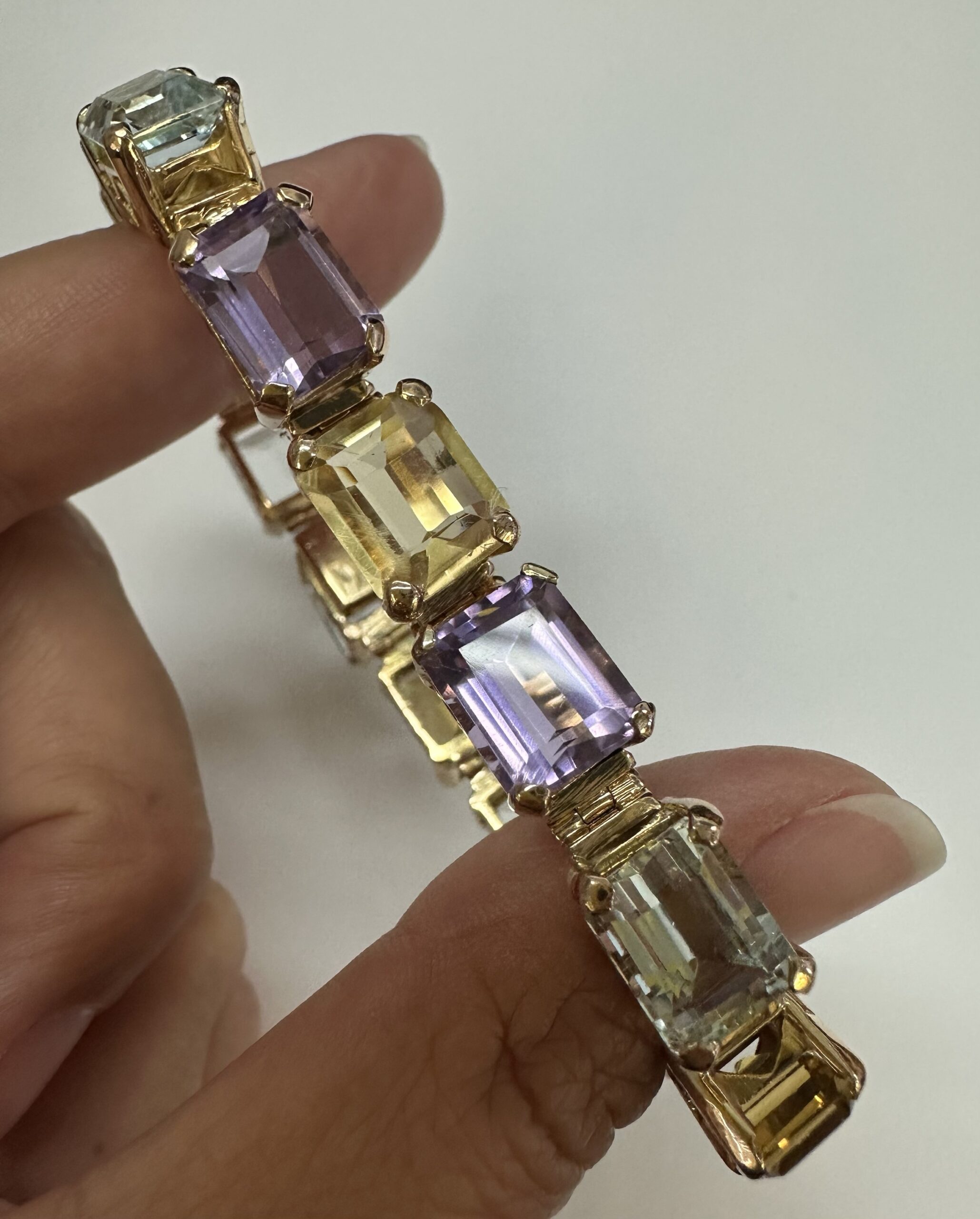 Vintage One-Of-A-Kind 18k Yellow Gold Filigree Block Style Genuine Aquamarine, Citrine, & Amethyst Bracelet - Image 38