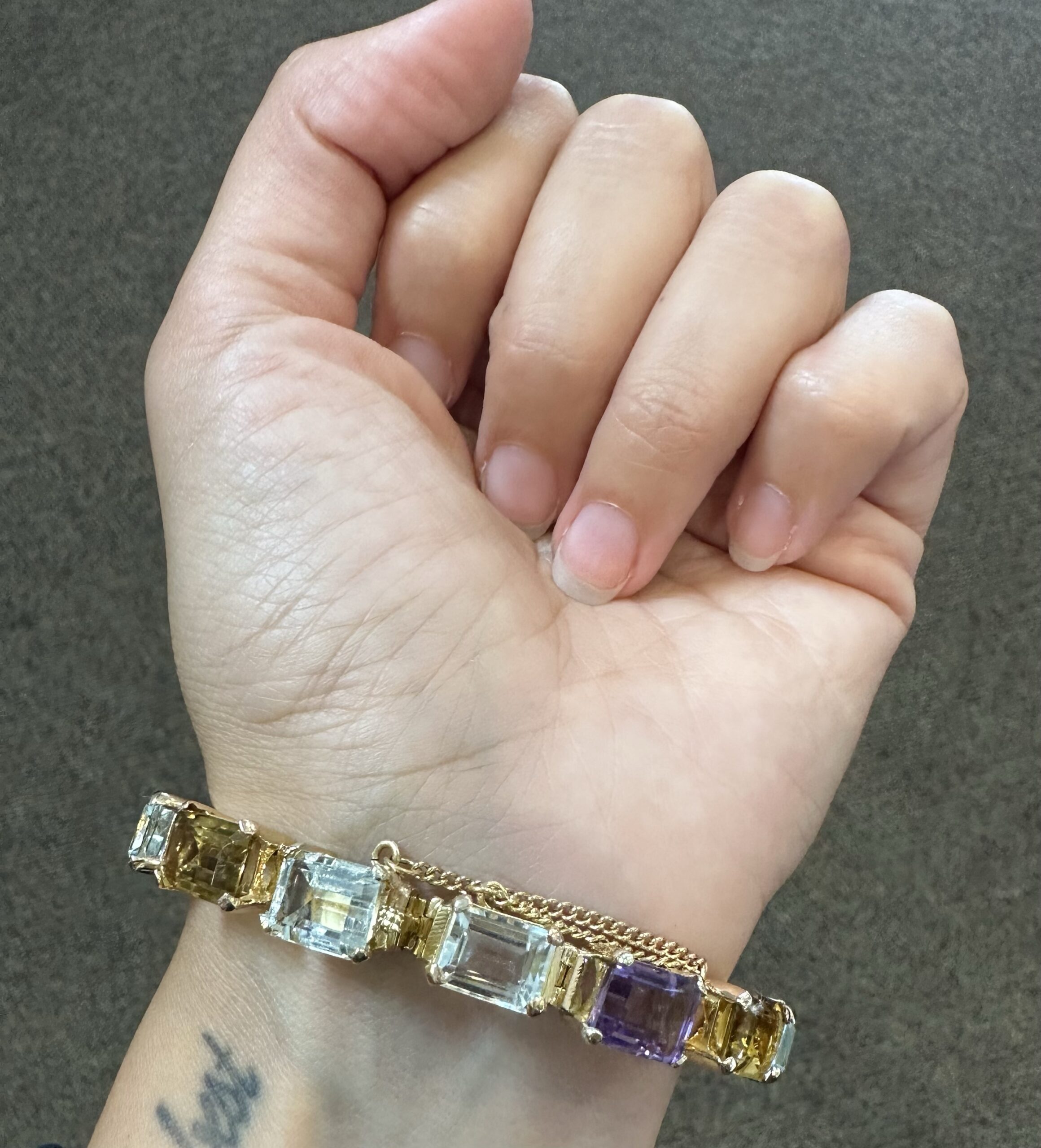 Vintage One-Of-A-Kind 18k Yellow Gold Filigree Block Style Genuine Aquamarine, Citrine, & Amethyst Bracelet - Image 36