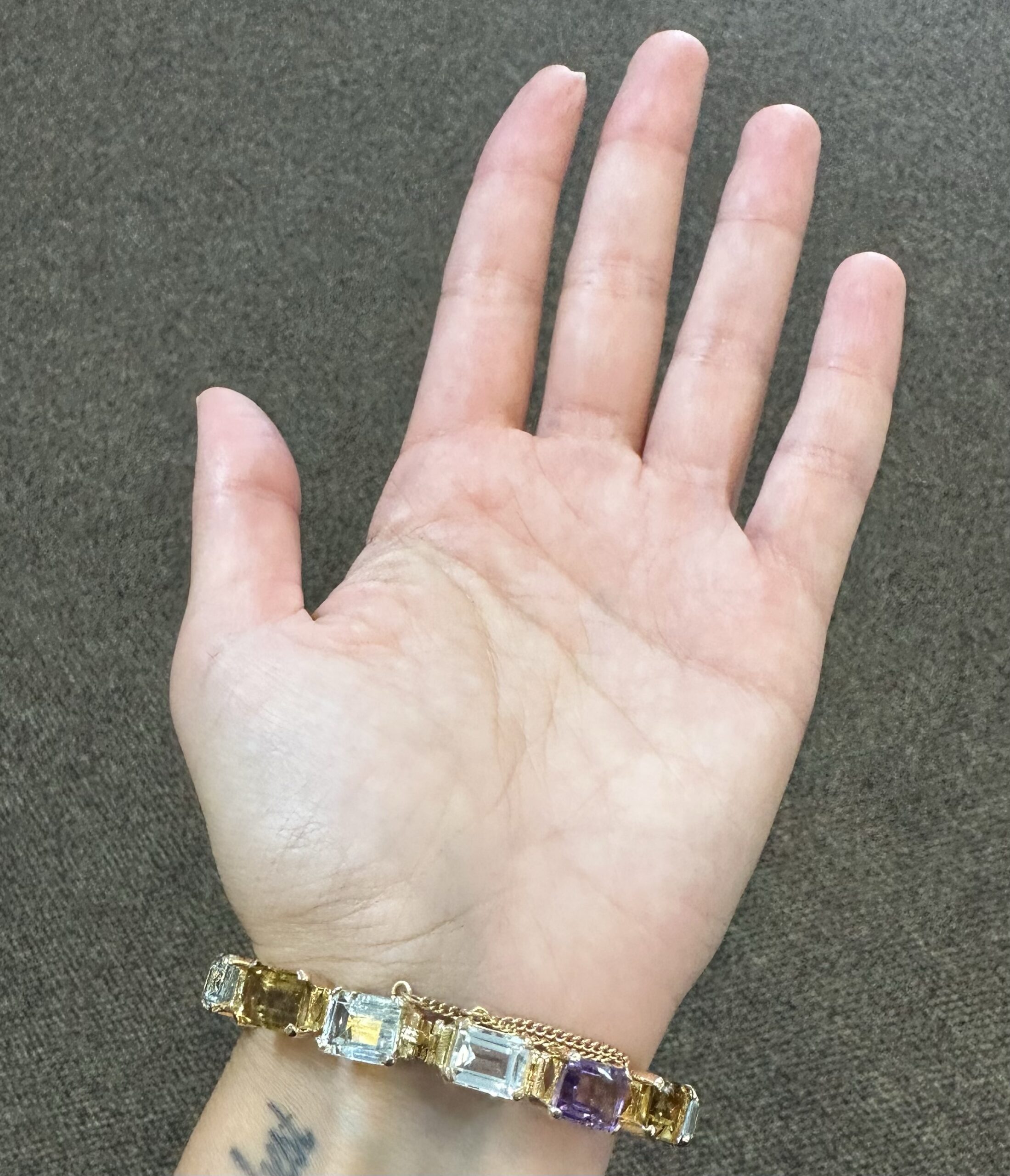 Vintage One-Of-A-Kind 18k Yellow Gold Filigree Block Style Genuine Aquamarine, Citrine, & Amethyst Bracelet - Image 35