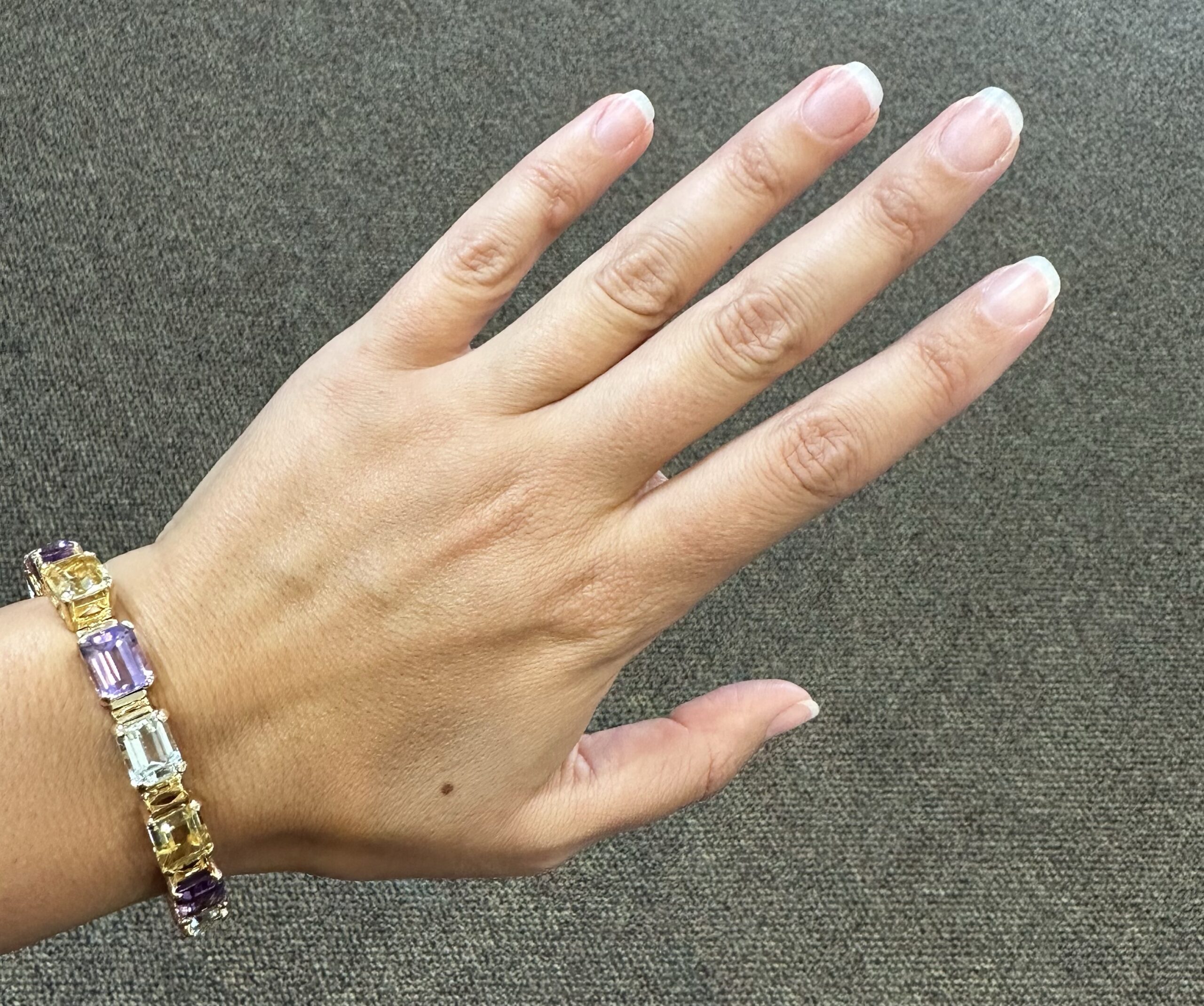 Vintage One-Of-A-Kind 18k Yellow Gold Filigree Block Style Genuine Aquamarine, Citrine, & Amethyst Bracelet - Image 30