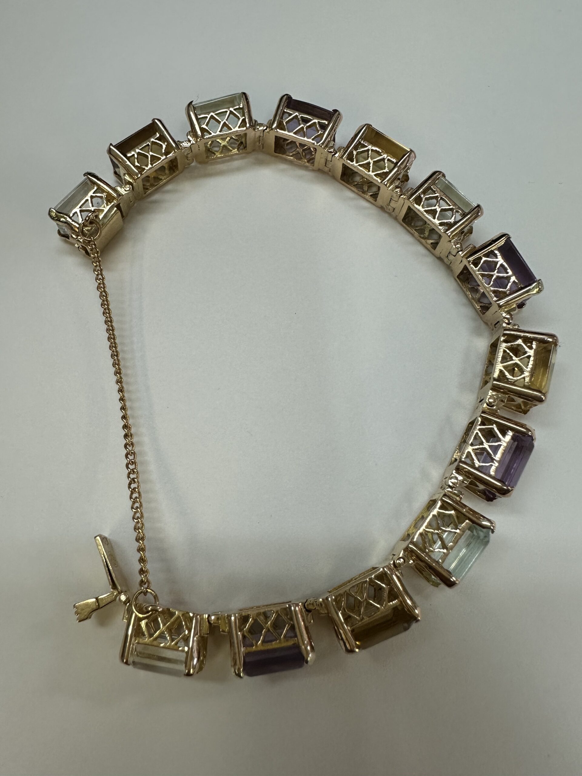 Vintage One-Of-A-Kind 18k Yellow Gold Filigree Block Style Genuine Aquamarine, Citrine, & Amethyst Bracelet - Image 48