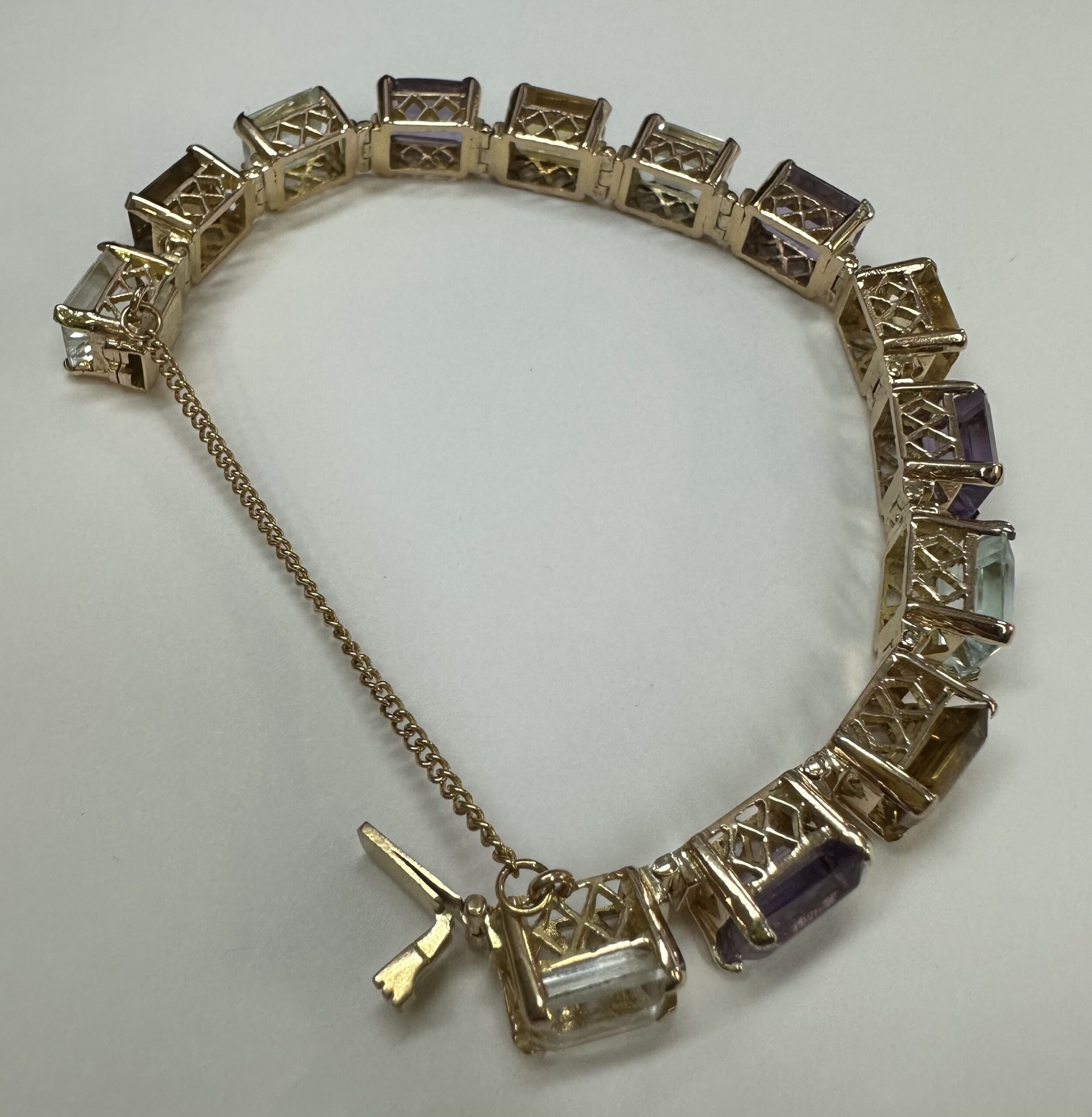 Vintage One-Of-A-Kind 18k Yellow Gold Filigree Block Style Genuine Aquamarine, Citrine, & Amethyst Bracelet - Image 47