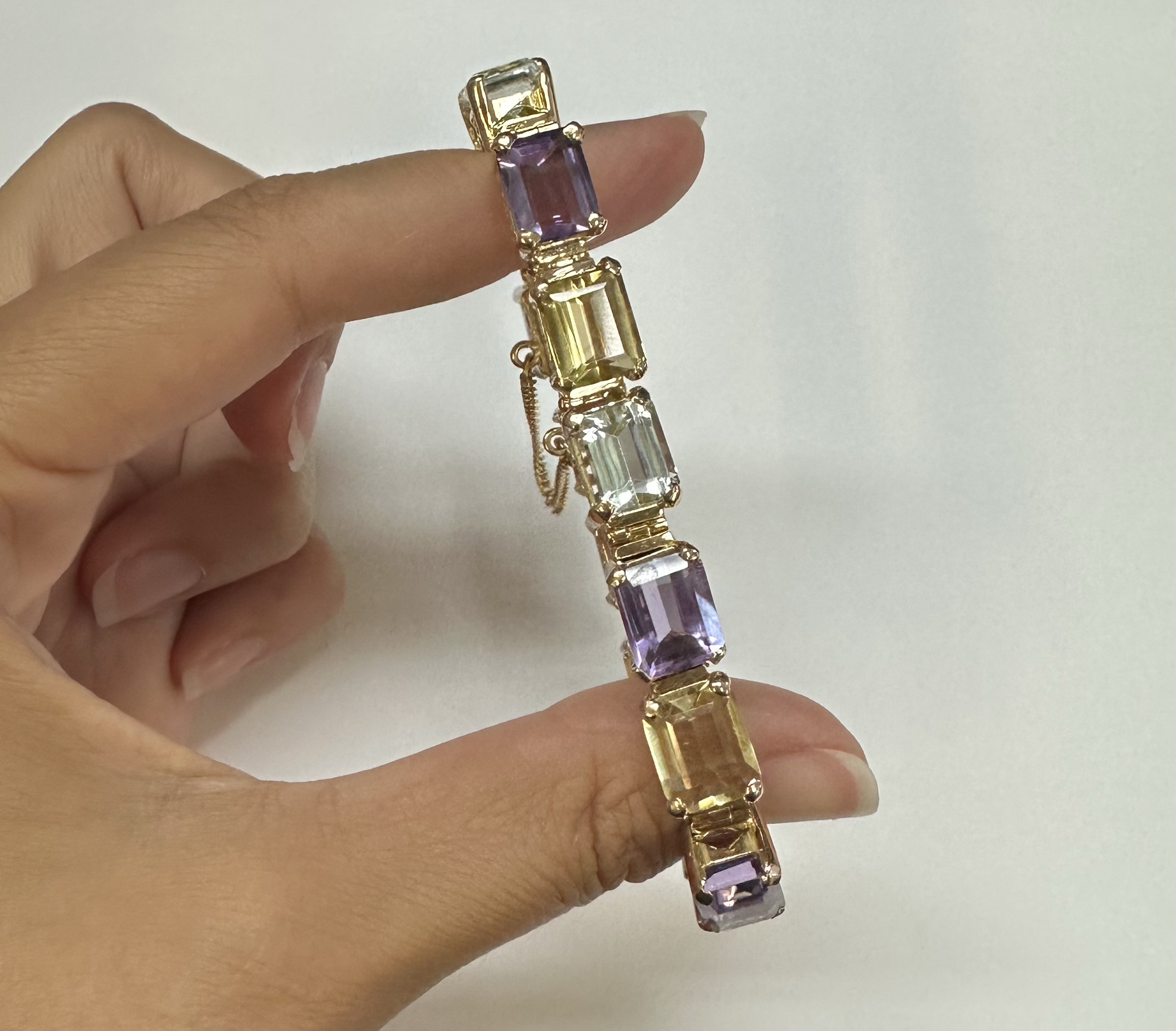 Vintage One-Of-A-Kind 18k Yellow Gold Filigree Block Style Genuine Aquamarine, Citrine, & Amethyst Bracelet - Image 21