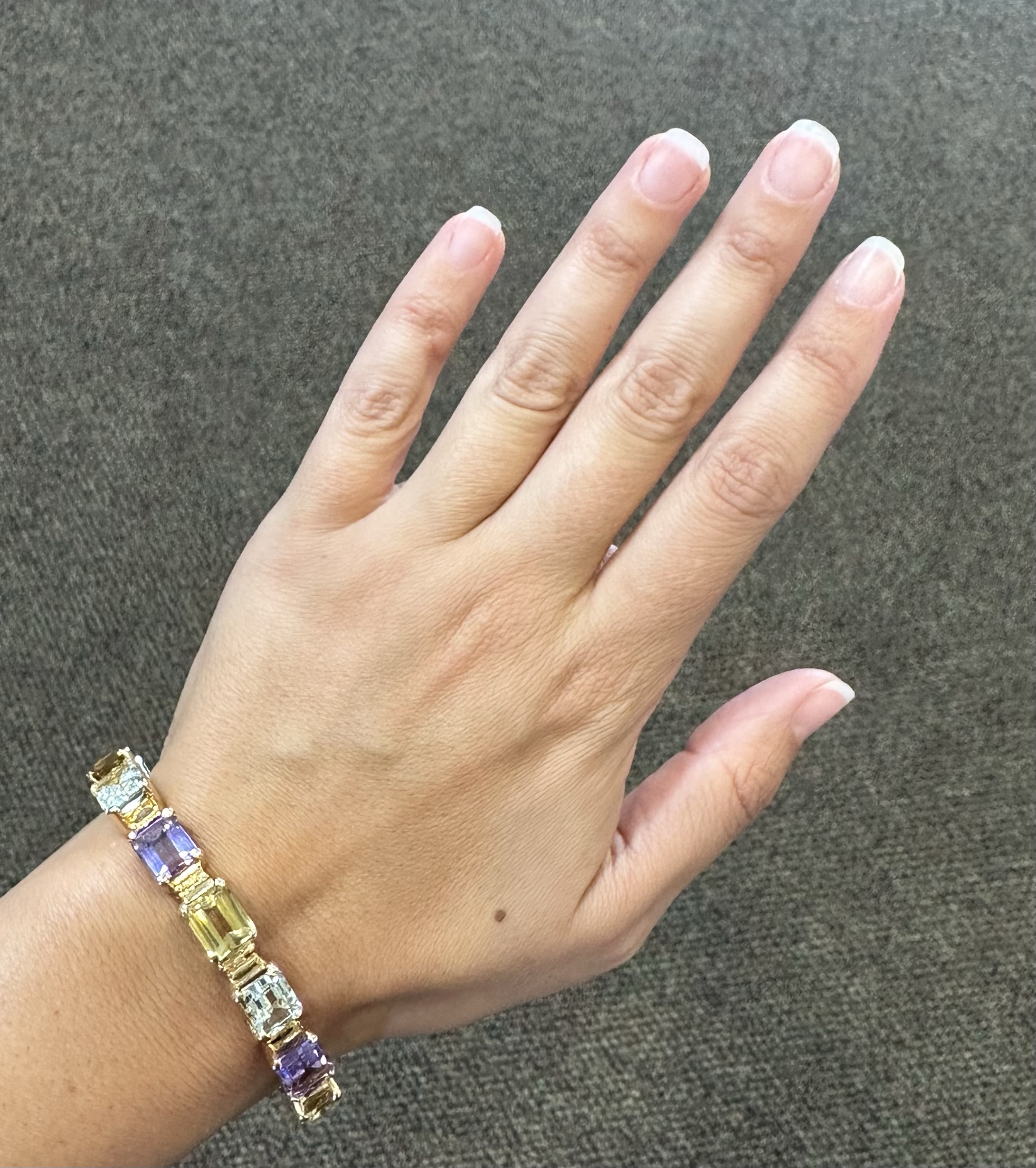 Vintage One-Of-A-Kind 18k Yellow Gold Filigree Block Style Genuine Aquamarine, Citrine, & Amethyst Bracelet - Image 14