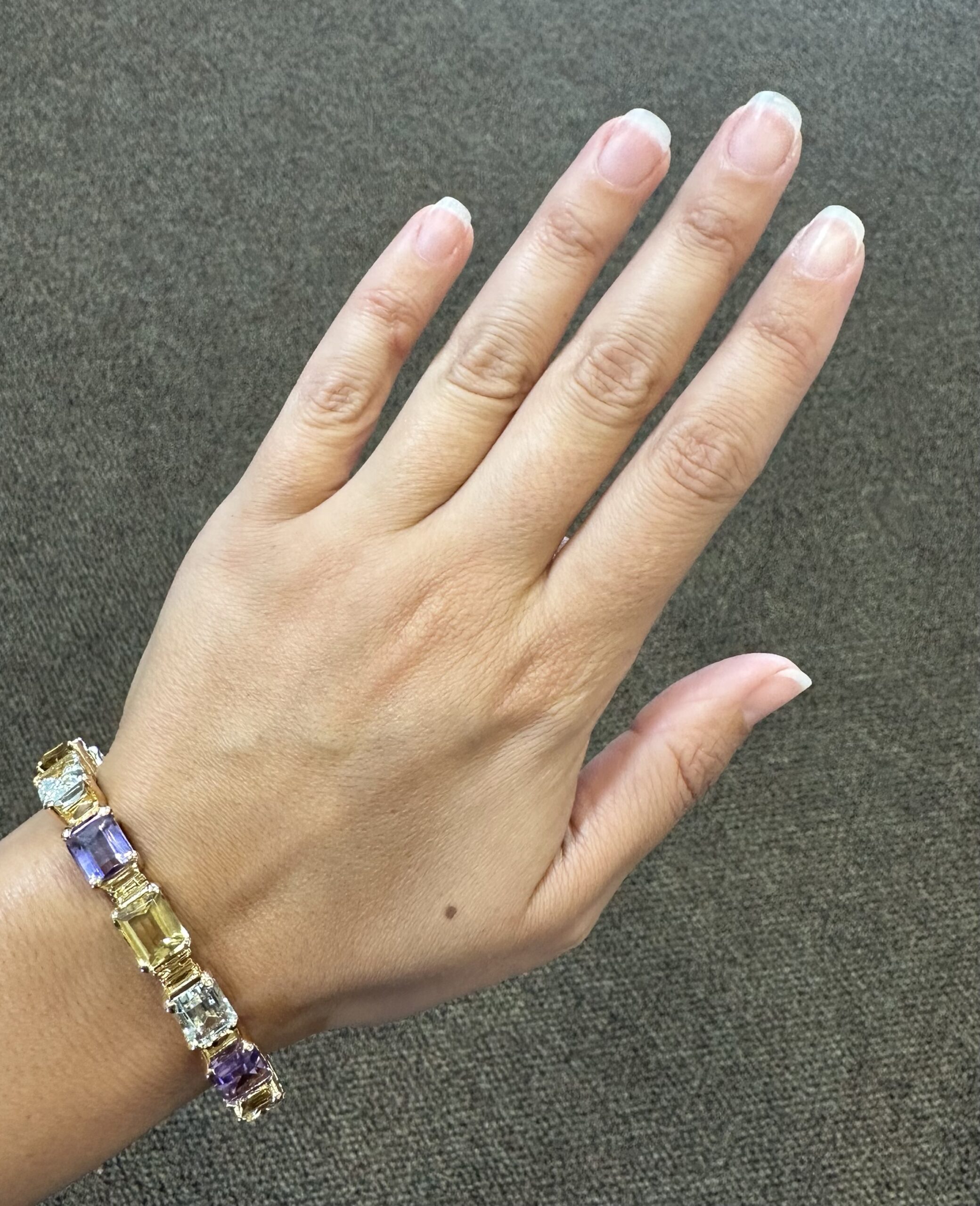 Vintage One-Of-A-Kind 18k Yellow Gold Filigree Block Style Genuine Aquamarine, Citrine, & Amethyst Bracelet - Image 13