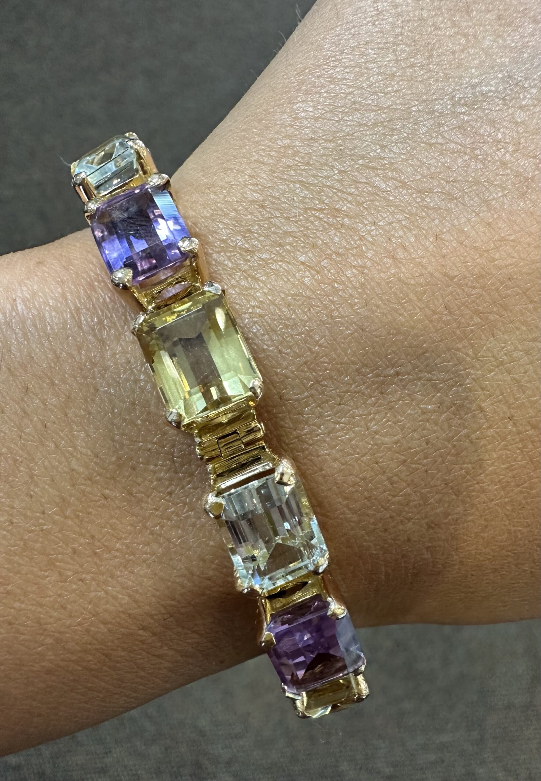 Vintage One-Of-A-Kind 18k Yellow Gold Filigree Block Style Genuine Aquamarine, Citrine, & Amethyst Bracelet - Image 7
