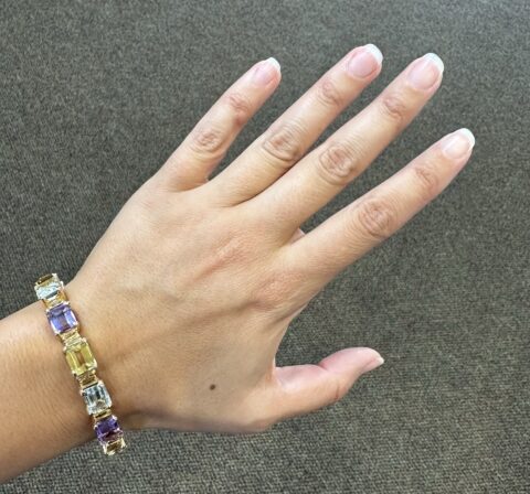 Vintage One-Of-A-Kind 18k Yellow Gold Filigree Block Style Genuine Aquamarine, Citrine, & Amethyst Bracelet