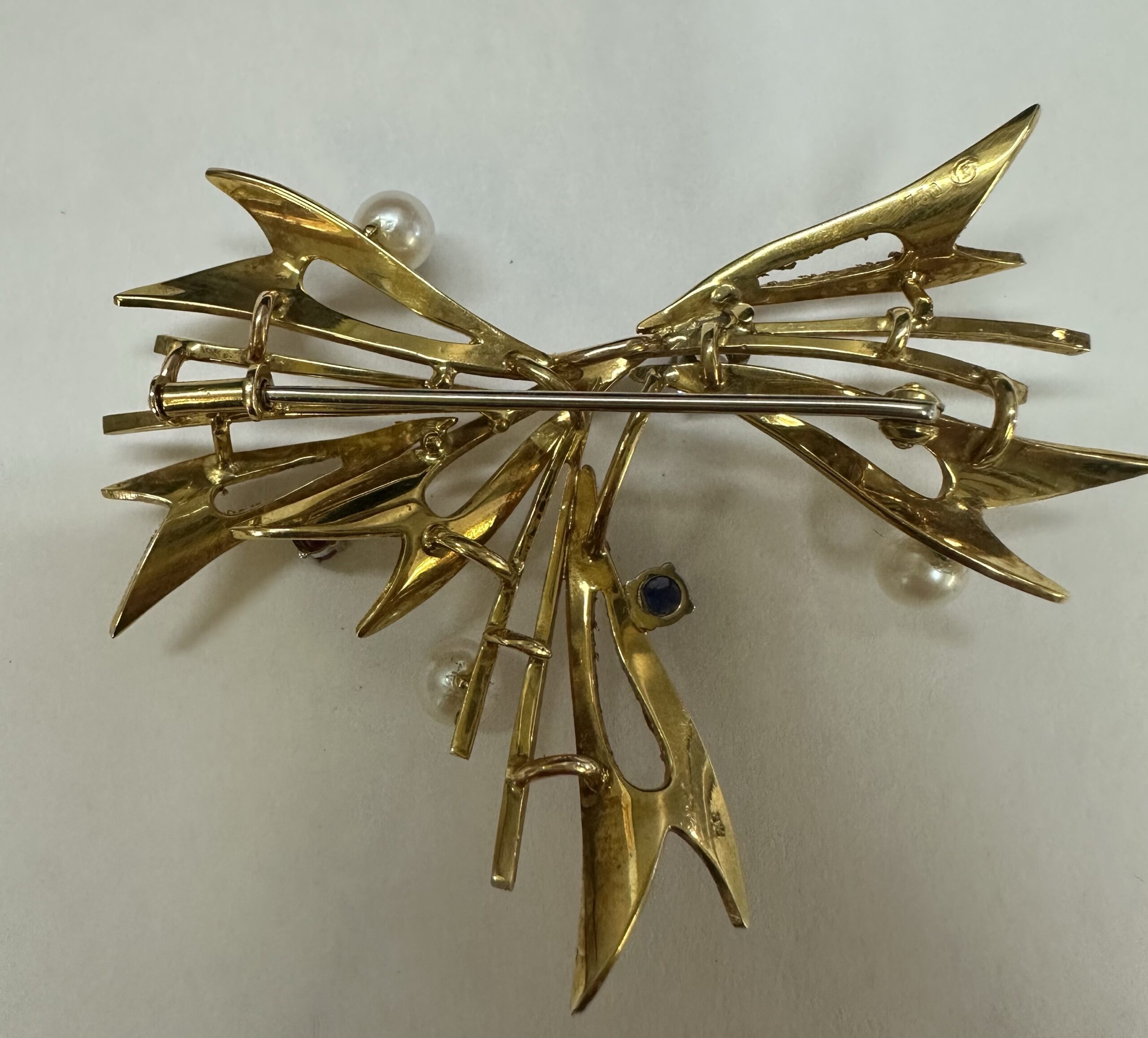 Vintage 18k Yellow Gold Bow Style Brooch With Genuine Gemstone Accents - Image 12