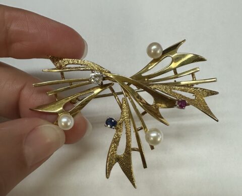 Vintage 18k Yellow Gold Bow Style Brooch With Genuine Gemstone Accents