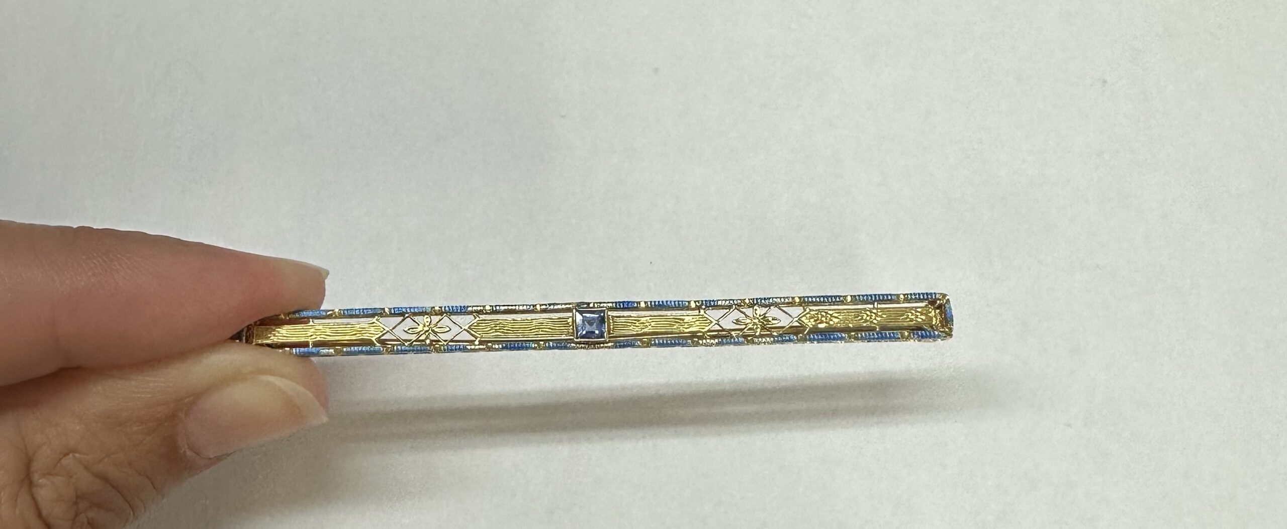 Antique 14k Yellow Gold Bar Pin With Sapphire Accent - Image 11