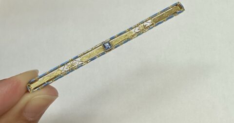 Antique 14k Yellow Gold Bar Pin With Sapphire Accent