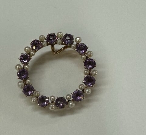 Vintage 14k Yellow Gold Open Circle Amethyst & Seed Pearl Pendant