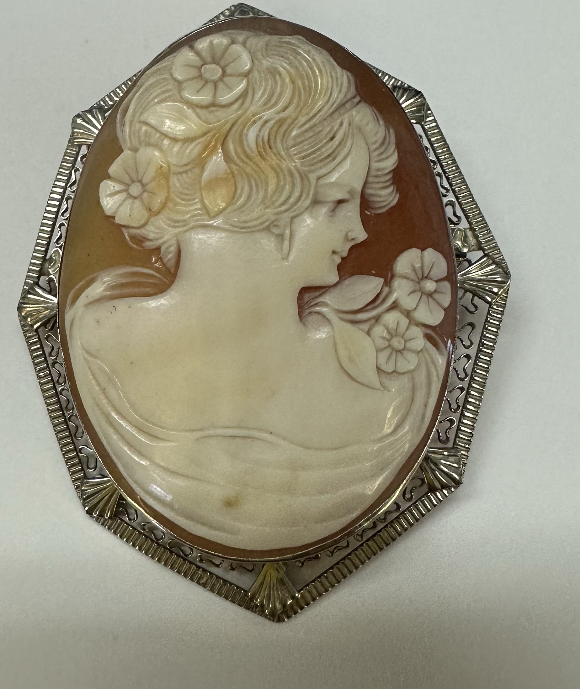 Vintage 14k White Gold Filigree Cameo Brooch - Image 10