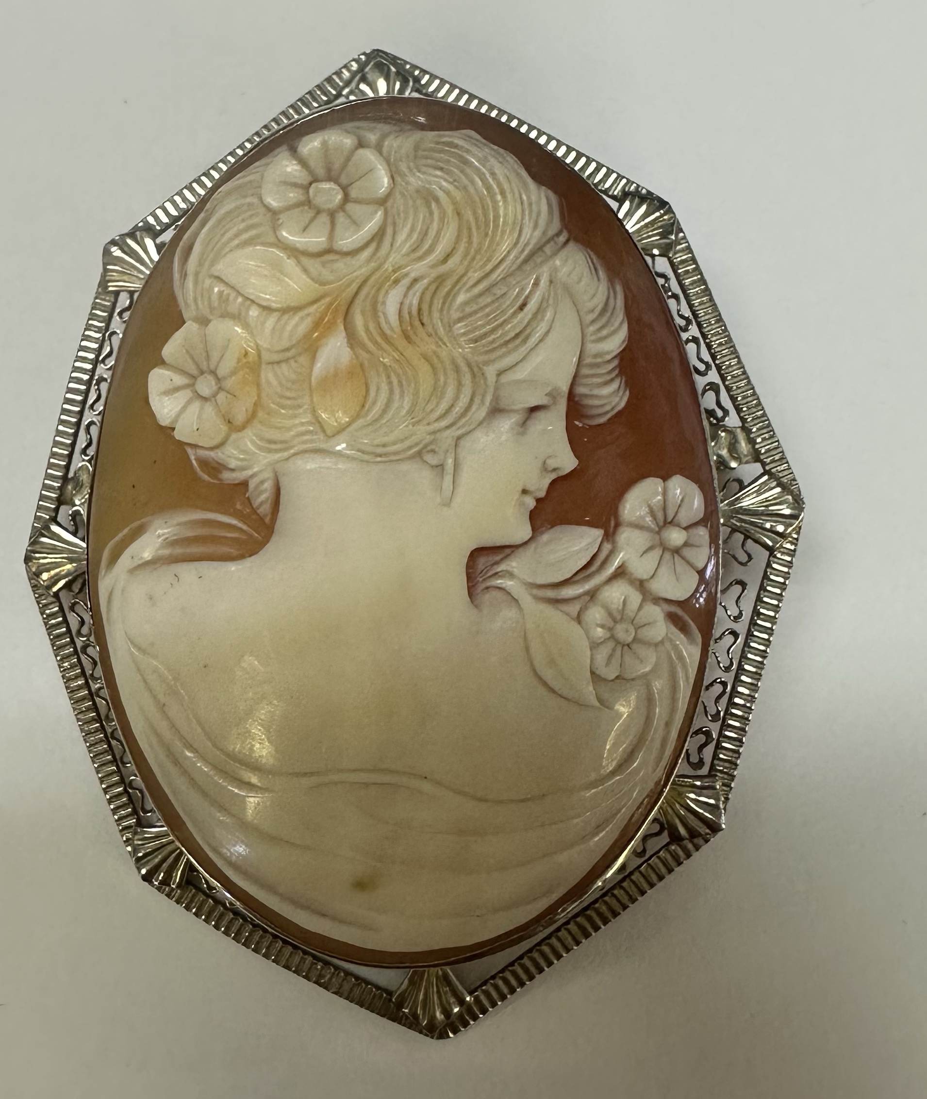 Vintage 14k White Gold Filigree Cameo Brooch - Image 16