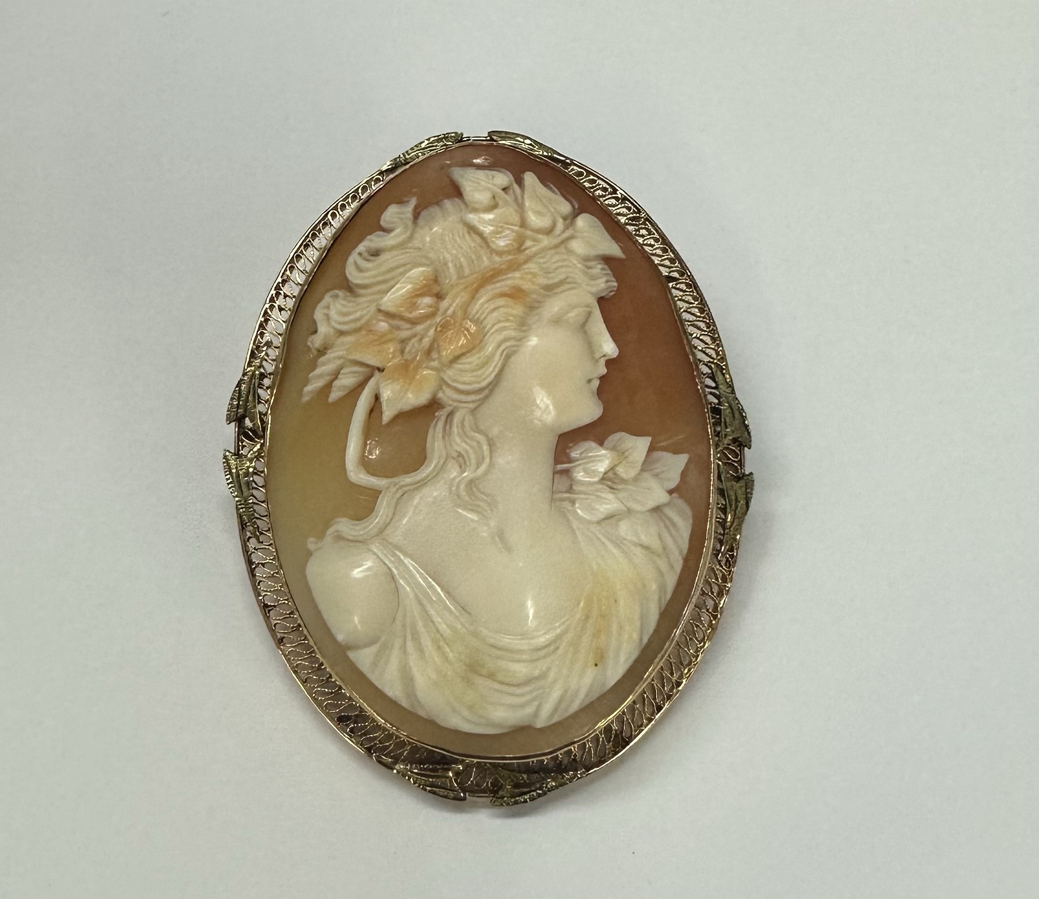 Large 14k Yellow Gold Cameo Brooch With Wire Frame
