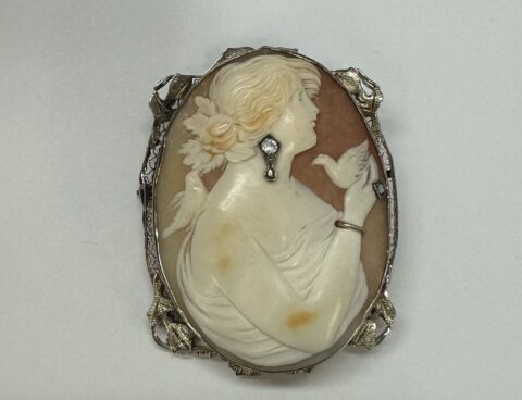 Antique 14k White Gold Filigree Woman With Jewelry Cameo