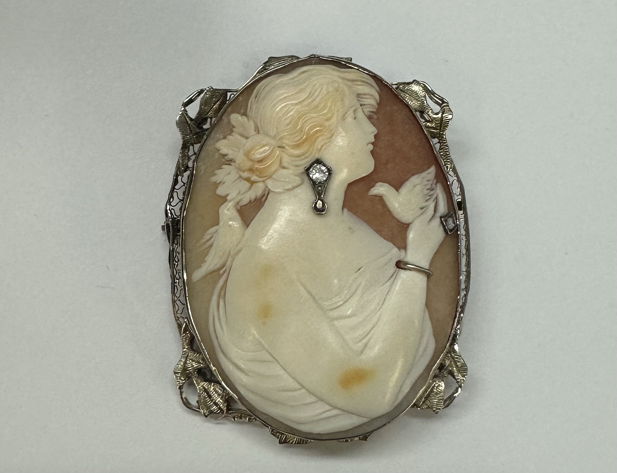 Antique 14k White Gold Filigree Woman With Jewelry Cameo