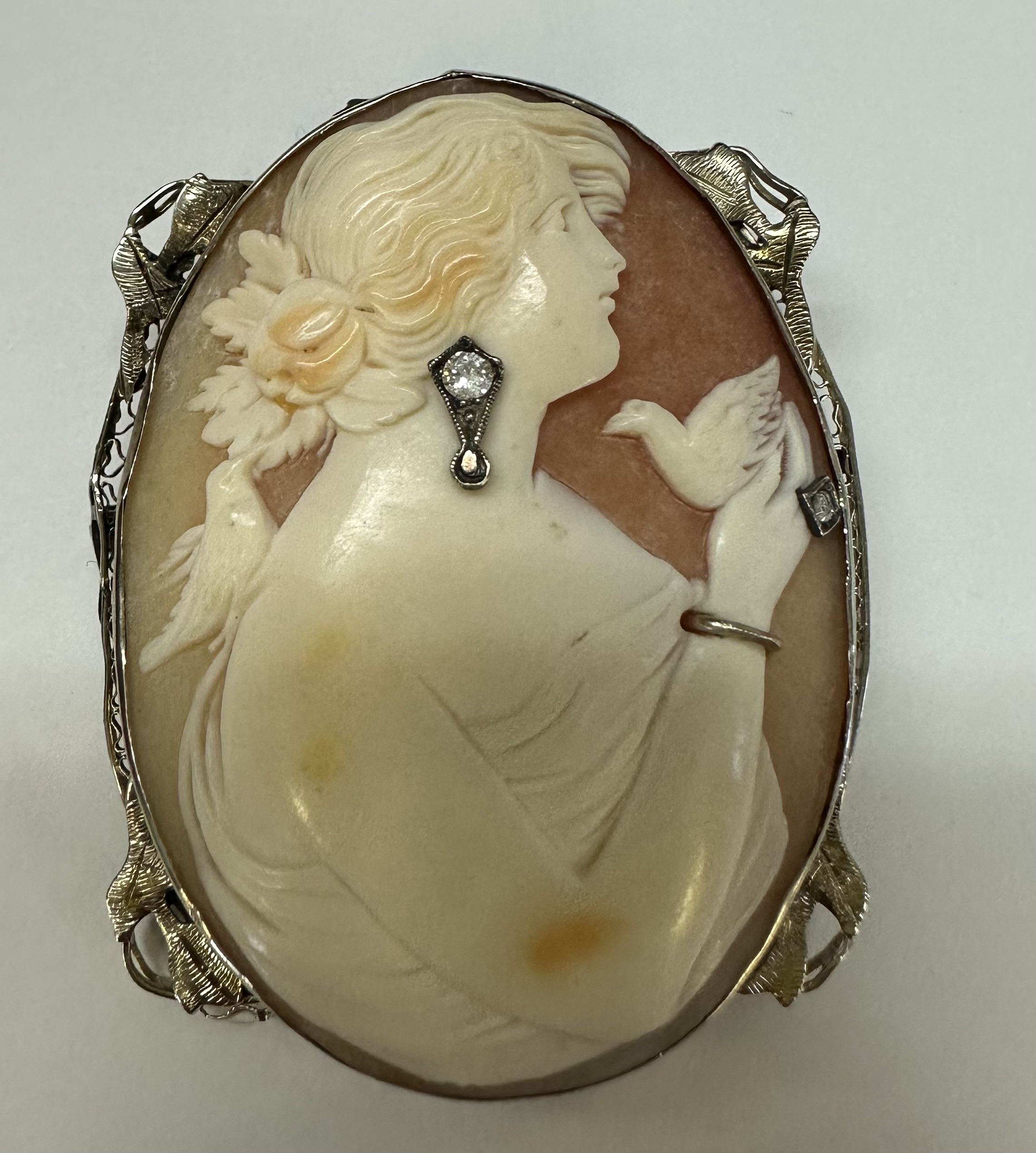 Antique 14k White Gold Filigree Woman With Jewelry Cameo - Image 3